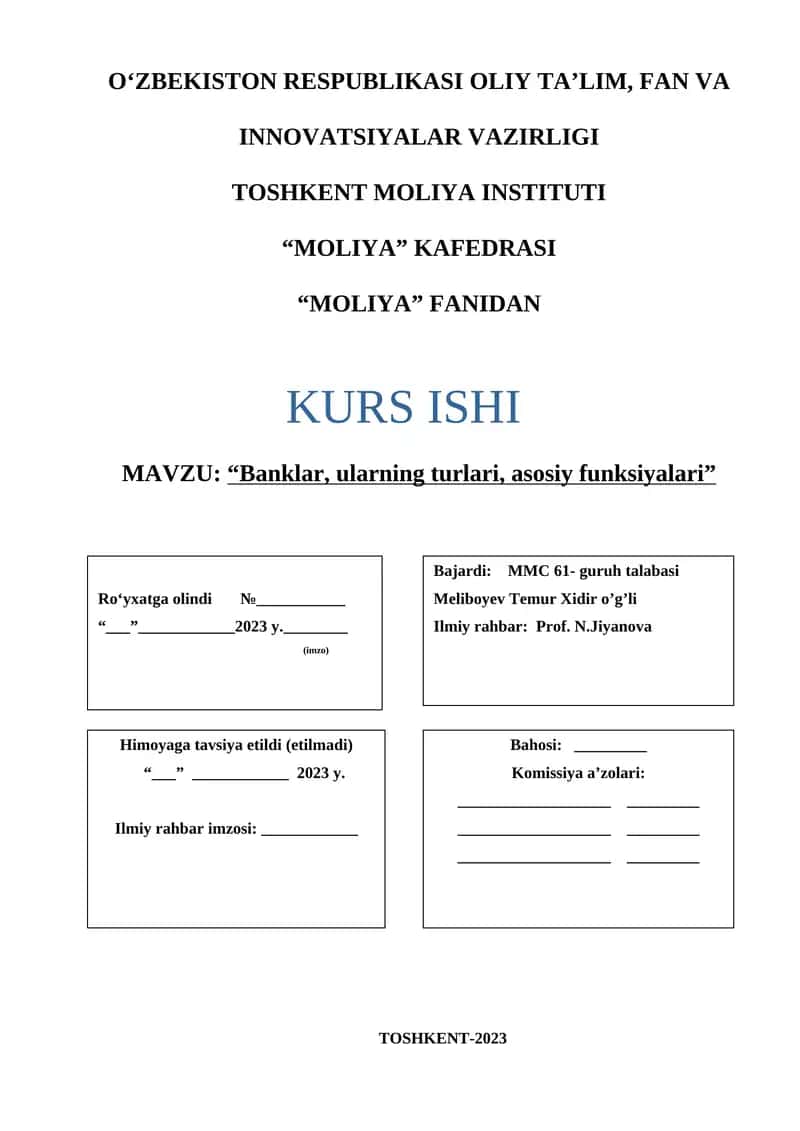 Banklar, ularning turlari, asosiy funksiyalari