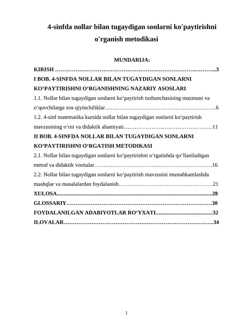 4-sinfda nollar bilan tugaydigan sonlarni ko'paytirishni o'rganish metodikasi