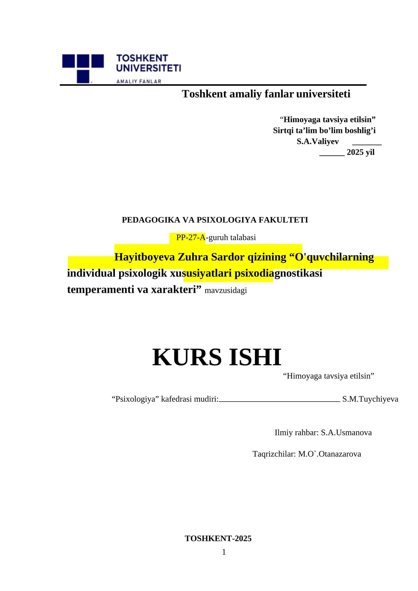 Psixologiya KURS ISHI