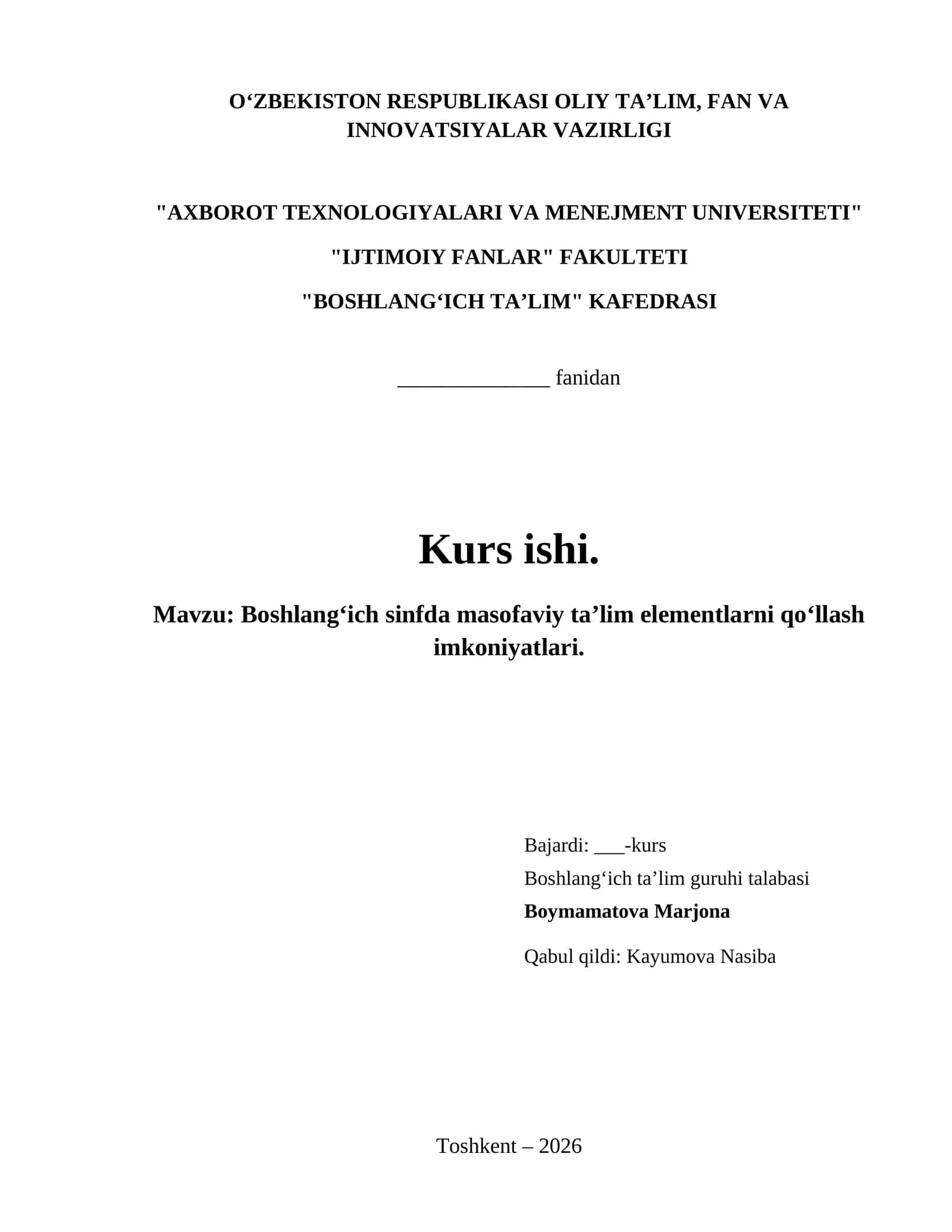 Boshlangʻich sinfda masofaviy taʼlim elementlarni qoʻllash imkoniyatlari.