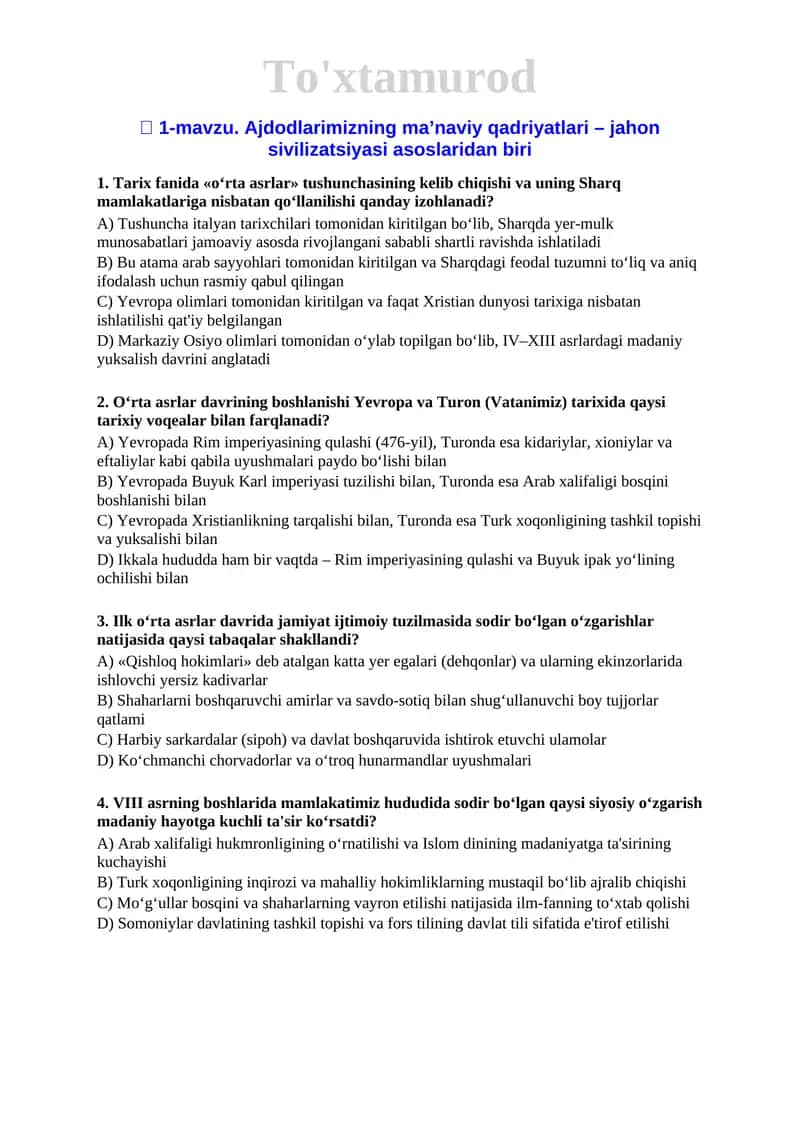 7 O'zbekiston tarix 2024 mavzulashtirilgan testlar