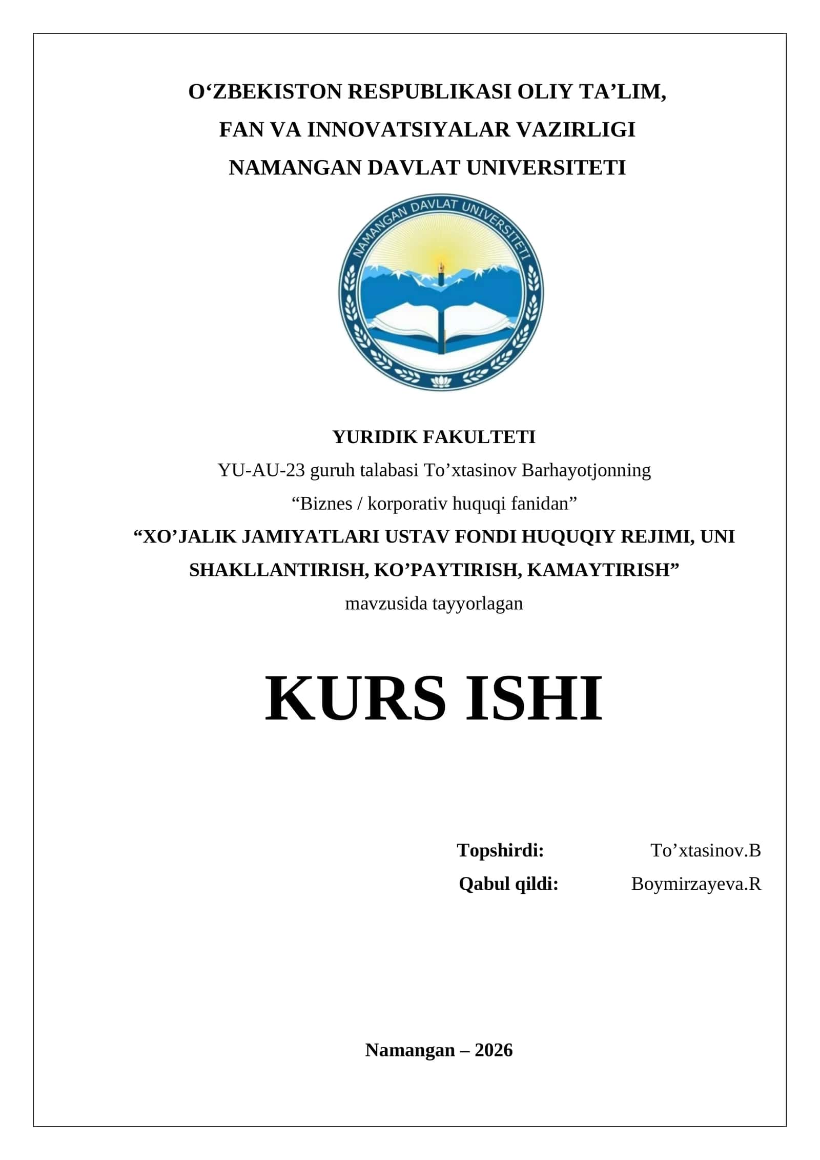 XO’JALIK JAMIYATLARI USTAV FONDI HUQUQIY REJIMI, UNI SHAKLLANTIRISH, KO’PAYTIRISH, KAMAYTIRISH