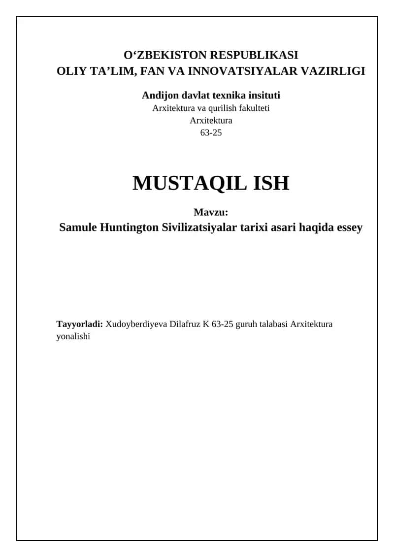 Samule Huntington Sivilizatsiyalar tarixi asari haqida essey