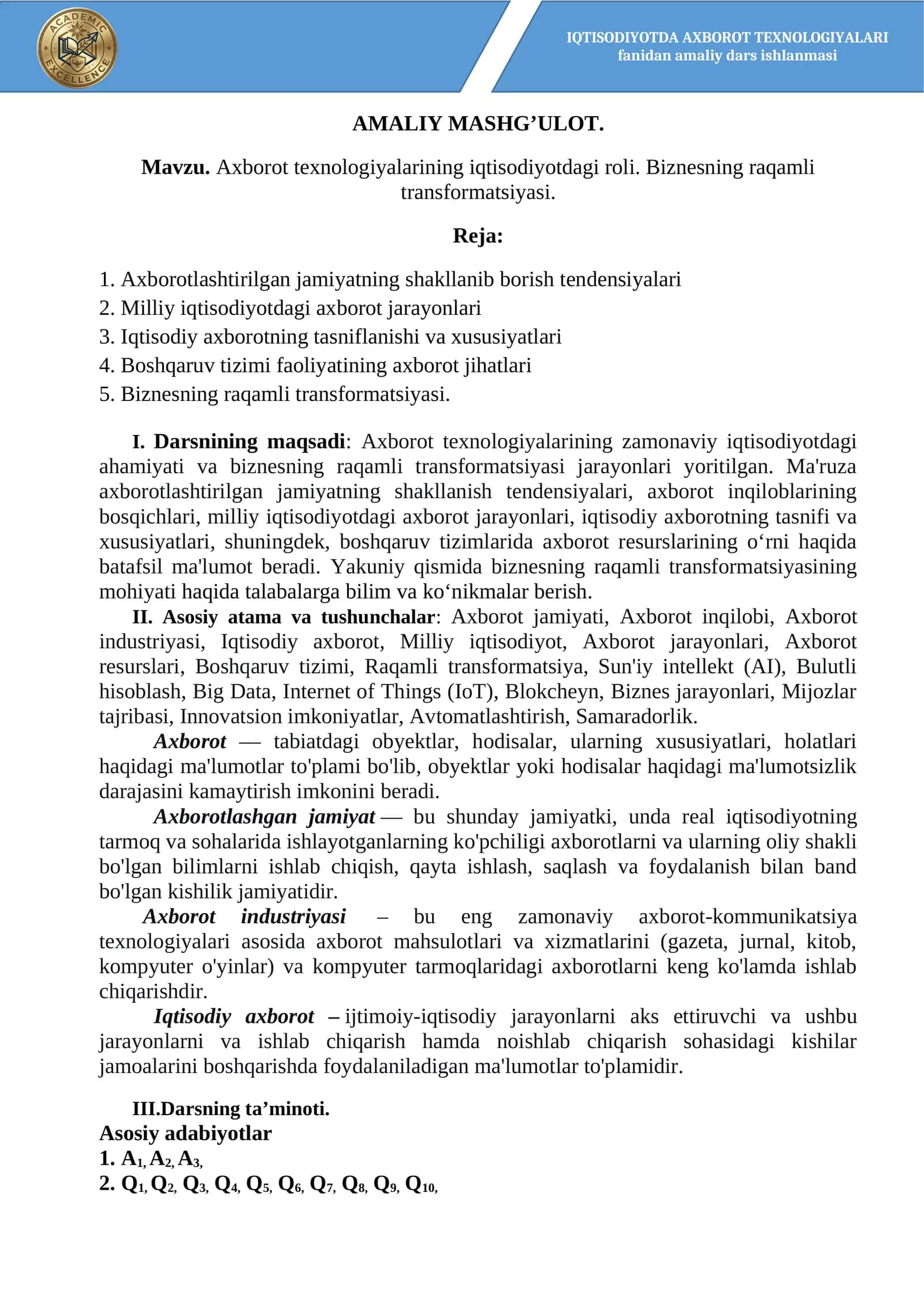 Axborot texnologiyalari iqtisodiyotdagi roli amaliy dars
