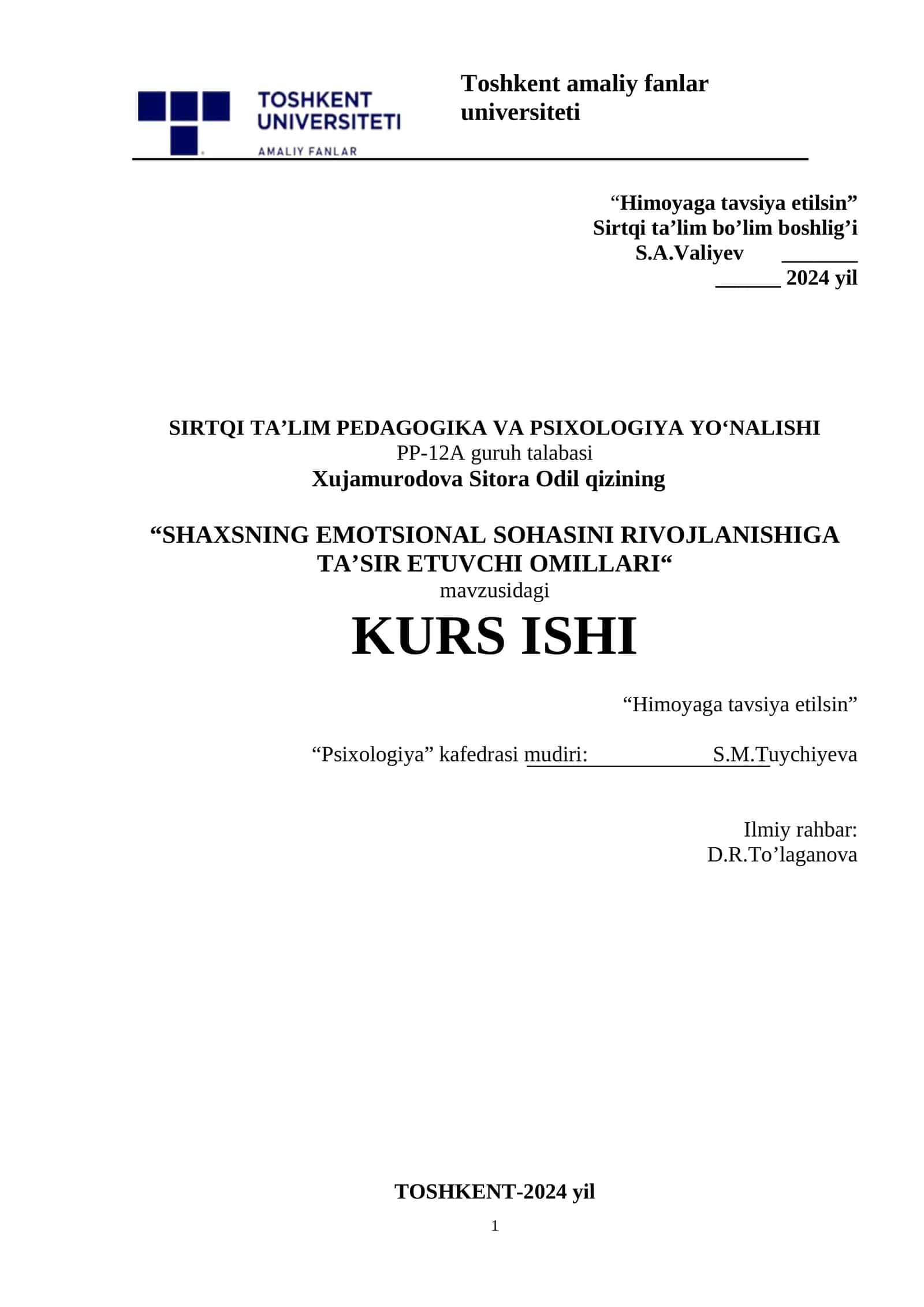 KURS ISHI "Himoyaga tavsiya etilsin"
