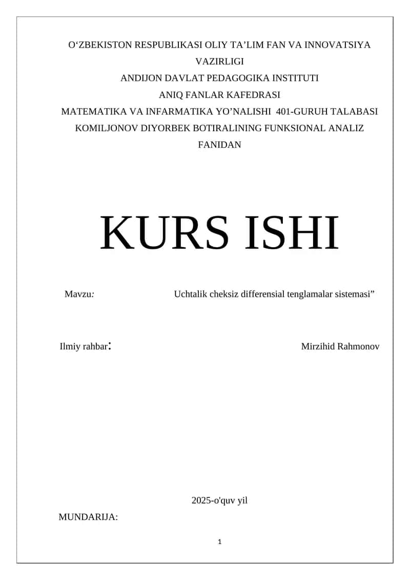 Uchtalik cheksiz differensial tenglamalar sistemasi