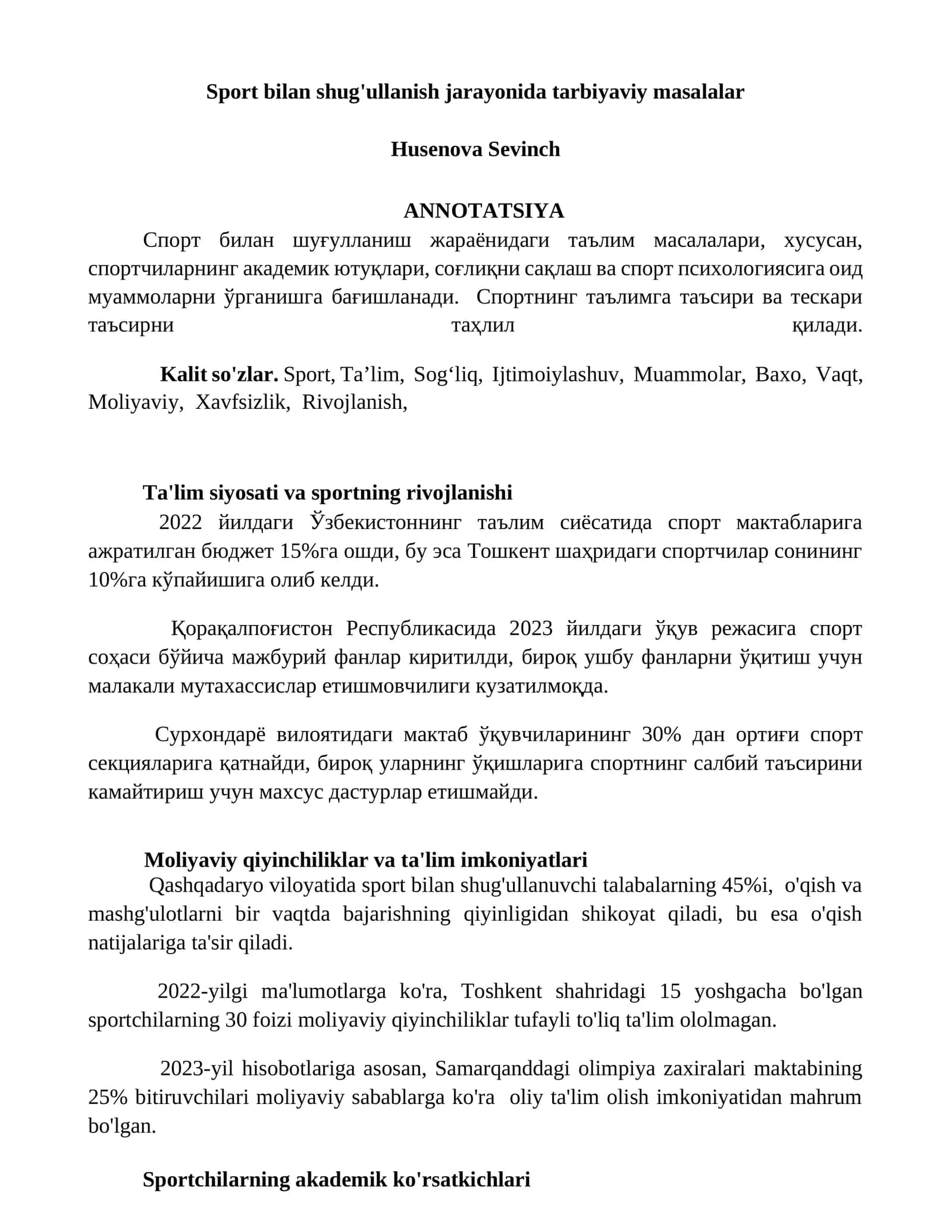 Sport bilan shug'ullanish jarayonida tarbiyaviy masalalar