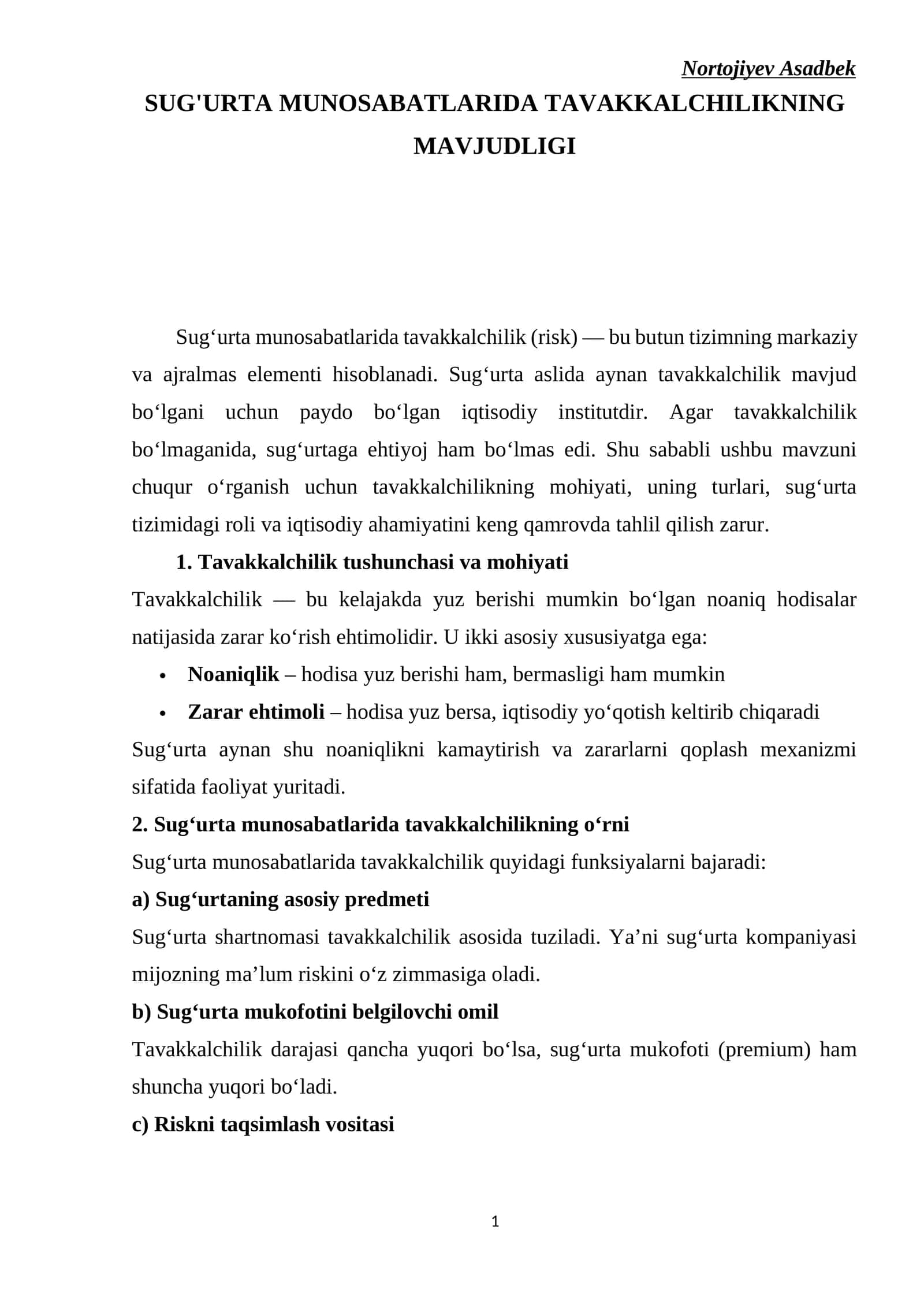 SUG'URTA MUNOSABATLARIDA TAVAKKALCHILIKNING MAVJUDLIGI