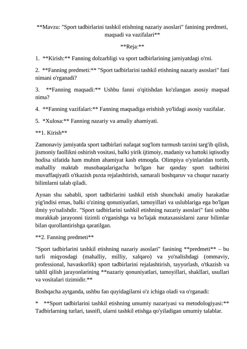 Sport tadbirlarini tashkil etishning nazariy asoslari