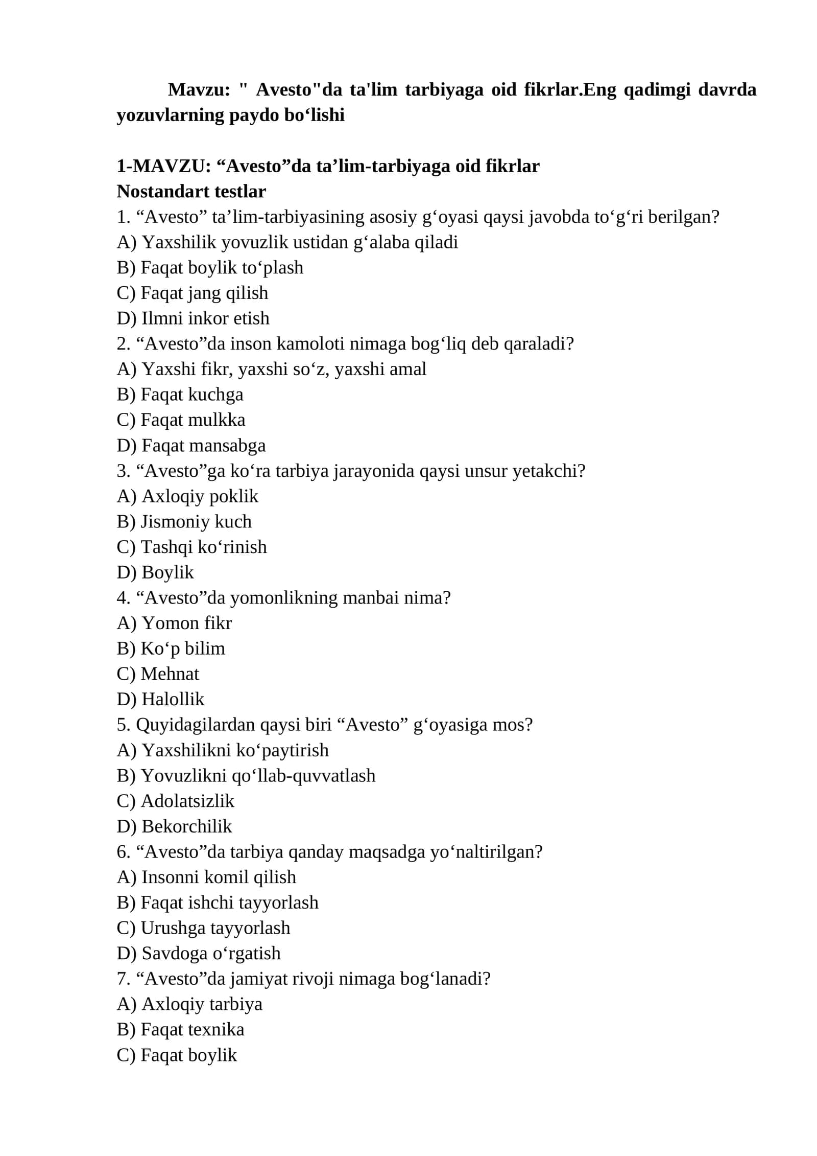 "Avesto"da ta'lim-tarbiyaga oid fikrlar