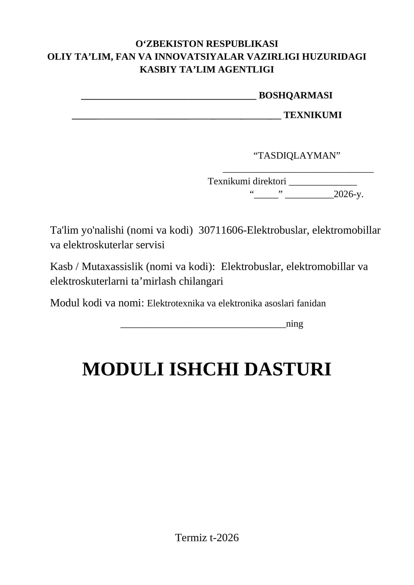 Elektrotexnika fanidan Elektrobuslar, elektromabillar .. yo'nalishi uchun modulli ishchi dastur