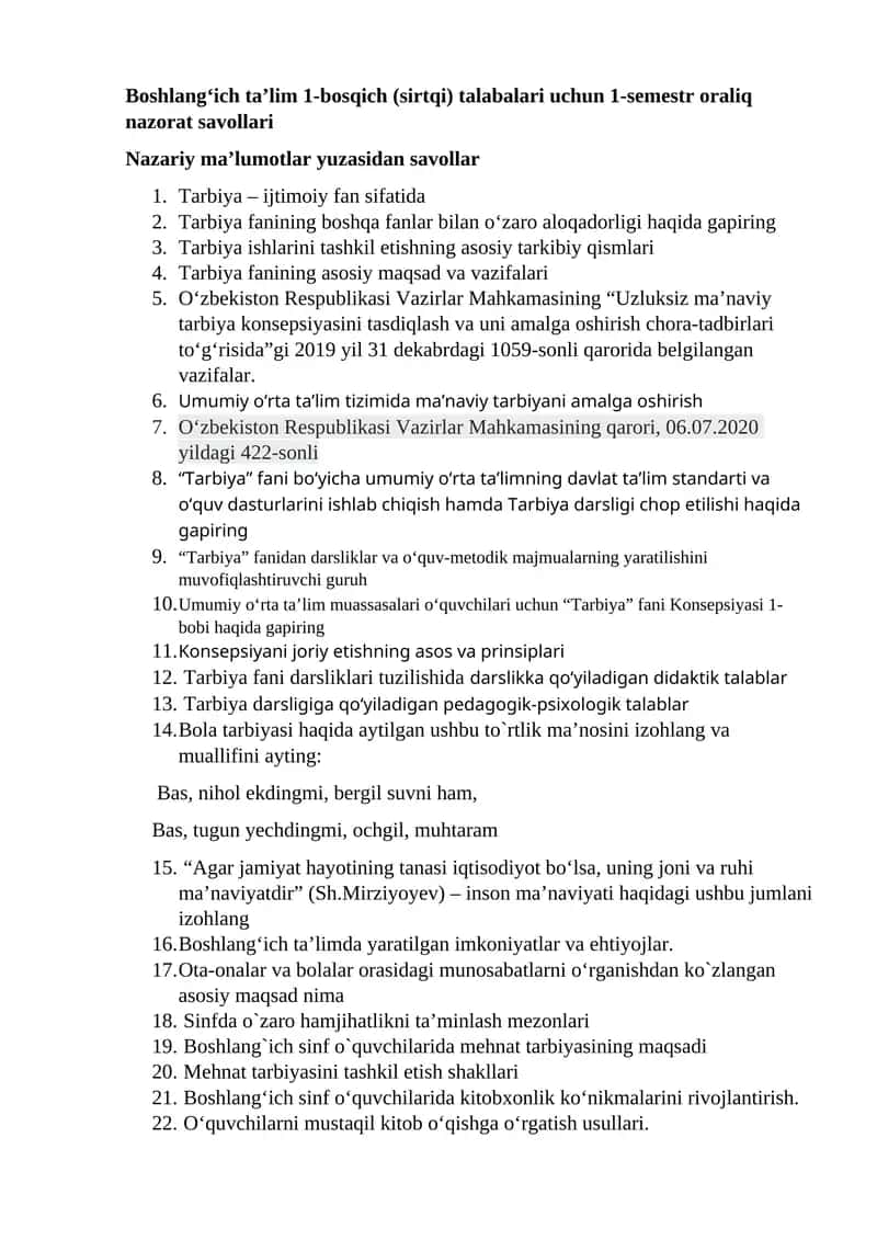 Boshlang‘ich ta’lim 1-bosqich (sirtqi) talabalari uchun 1-semestr oraliq nazorat savollari