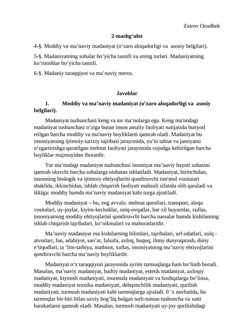 Moddiy va ma’naviy madaniyat