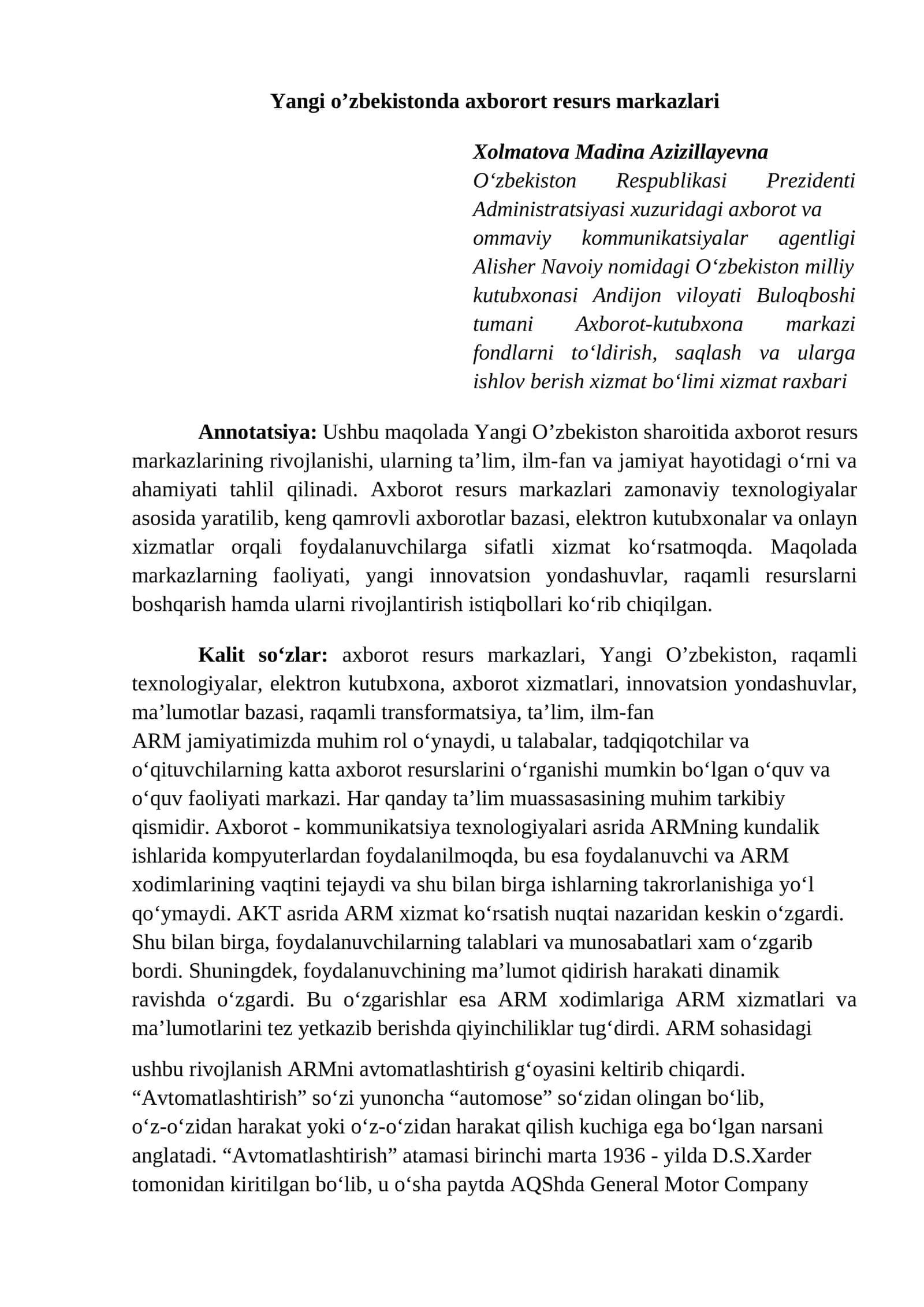 Yangi o’zbekistonda axborort resurs markazlari