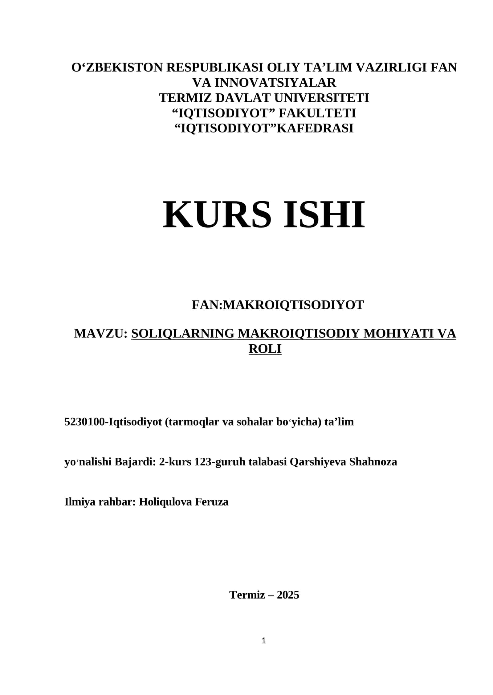 SOLIQLARNING MAKROIQTISODIY MOHIYATI VA ROLI