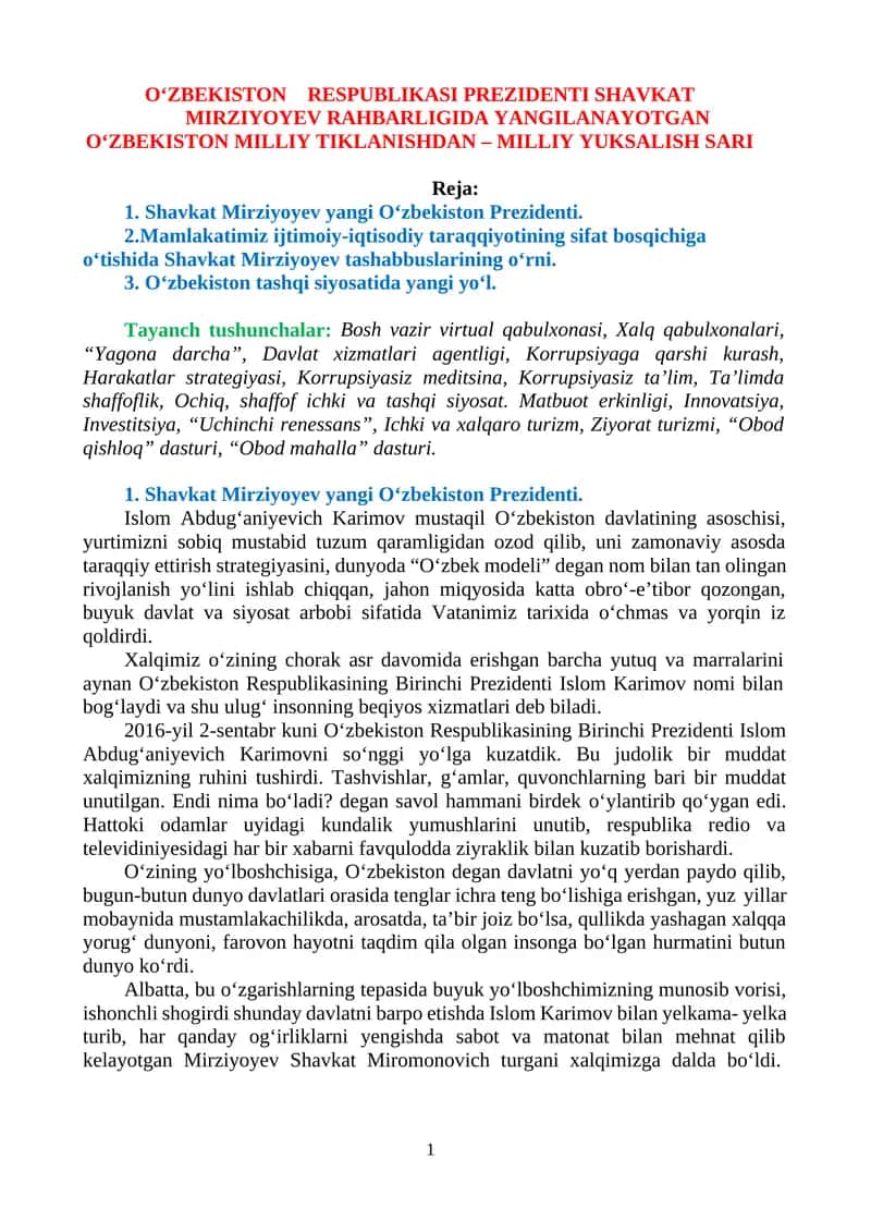 O‘ZBEKISTON RESPUBLIKASI PREZIDENTI SHAVKAT MIRZIYOYEV RAHBARLIGIDA