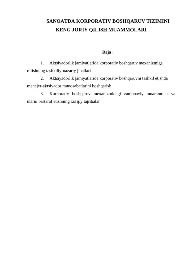 Aktsiyadorlik jamiyatlarida korporativ boshqaruv mexanizmi