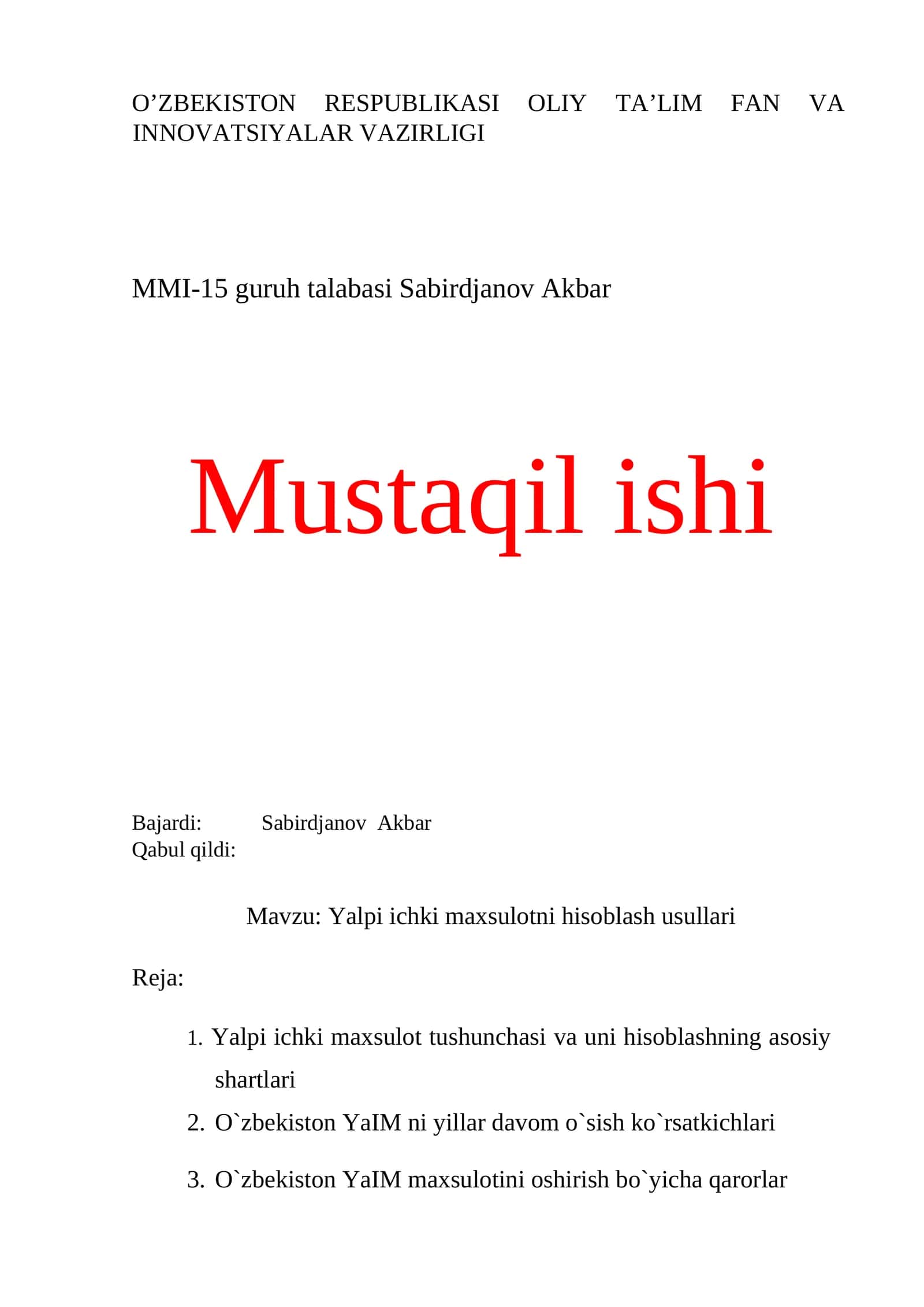Yalpi ichki maxsulotni hisoblash usullari