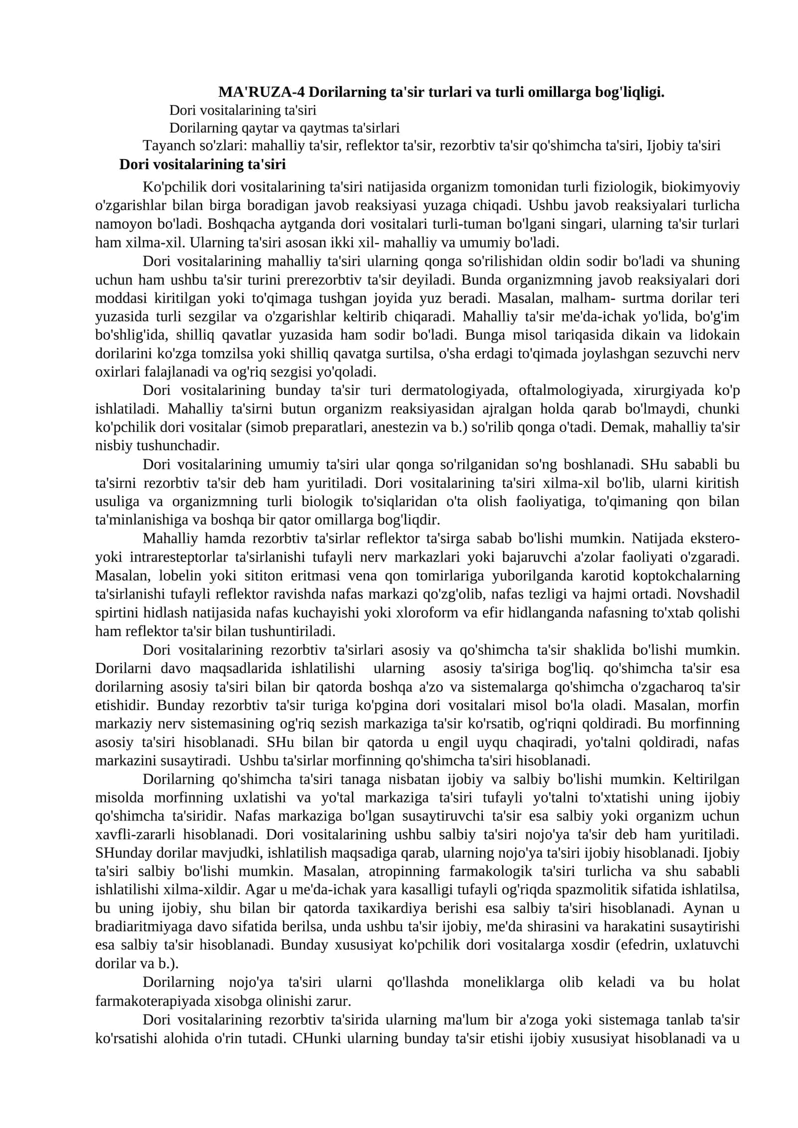 MA'RUZA-4 Dorilarning ta'sir turlari va turli omillarga bog'liqligi