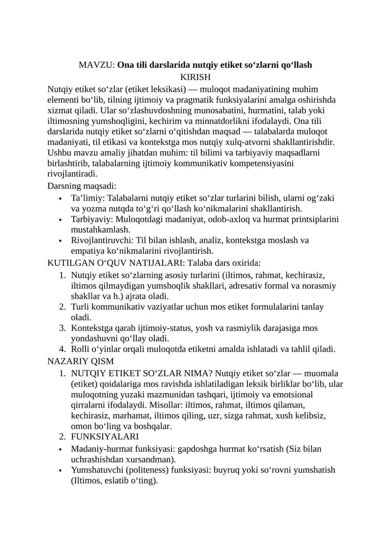 Ona tili darslarida nutqiy etiket soʻzlarni qoʻllash