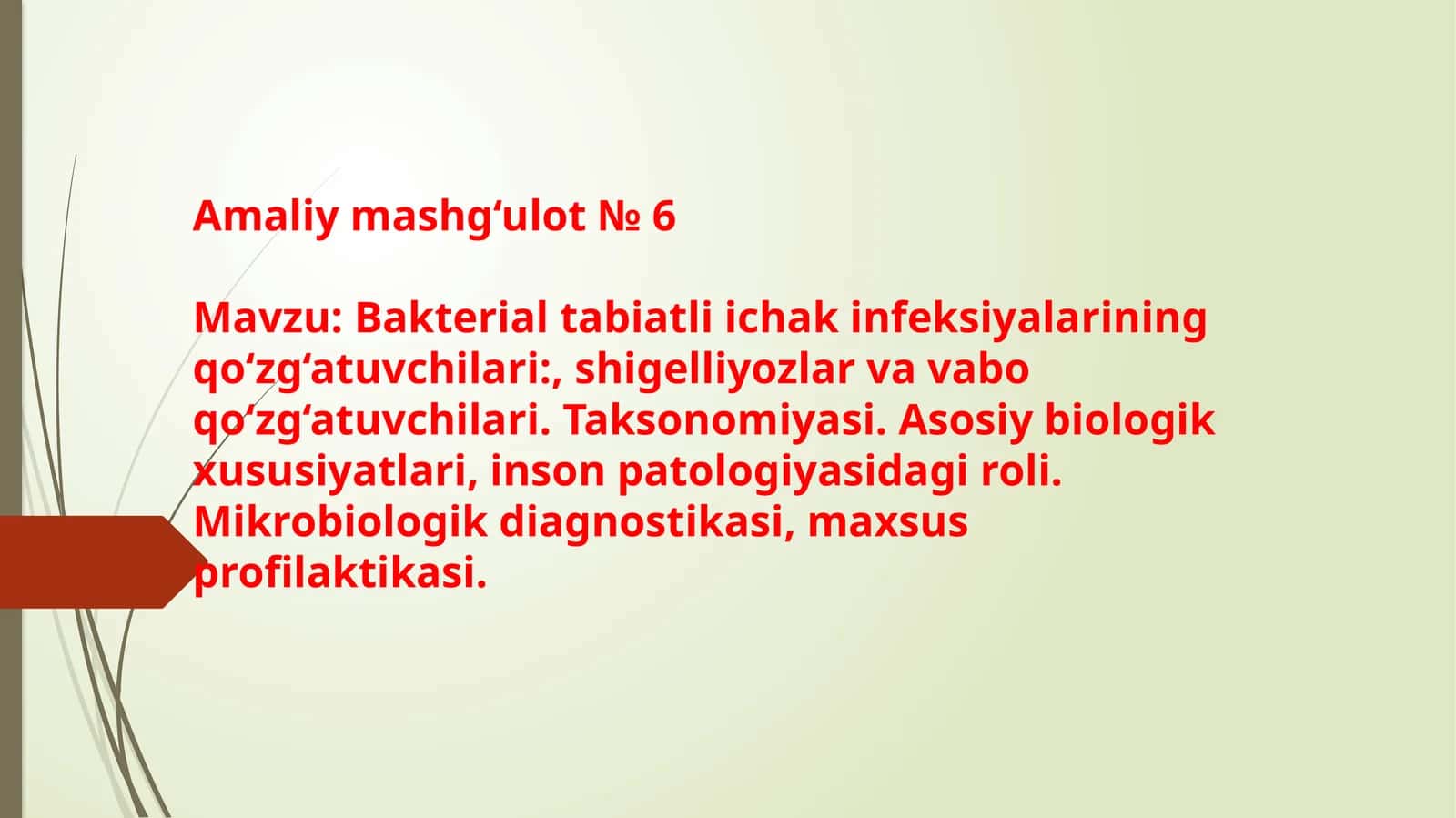 Bakterial tabiatli ichak infeksiyalarining qo‘zg‘atuvchilari, shigelliyozlar va vabo qo‘zg‘atuvchilari. Taksonomiyasi. Asosiy biologik xususiyatlari, inson patologiyasidagi roli. Mikrobiologik diagnostikasi, maxsus profilaktikasi.
