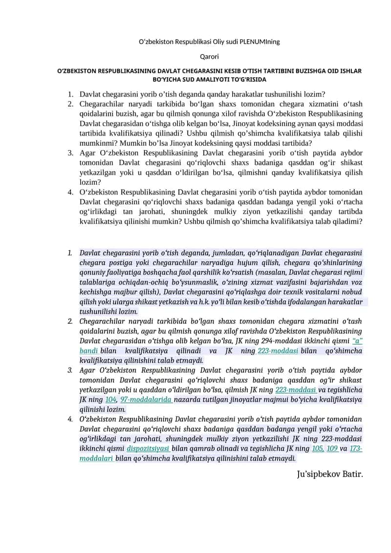 Oʻzbekiston Respublikasi Oliy sudi PLENUMIning Qarori