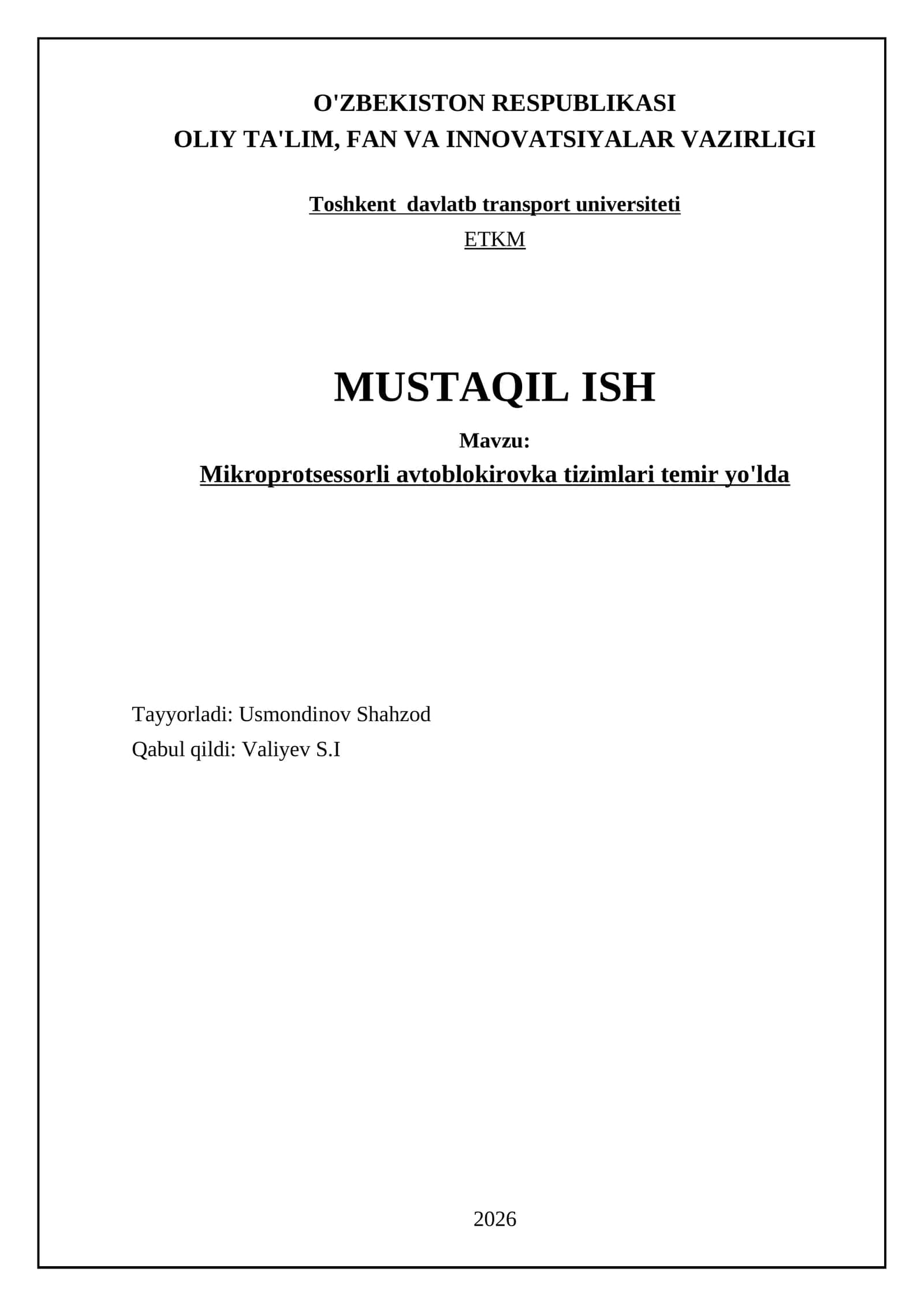 Mikroprotsessorli avtoblokirovka tizimlari temir yo'lda