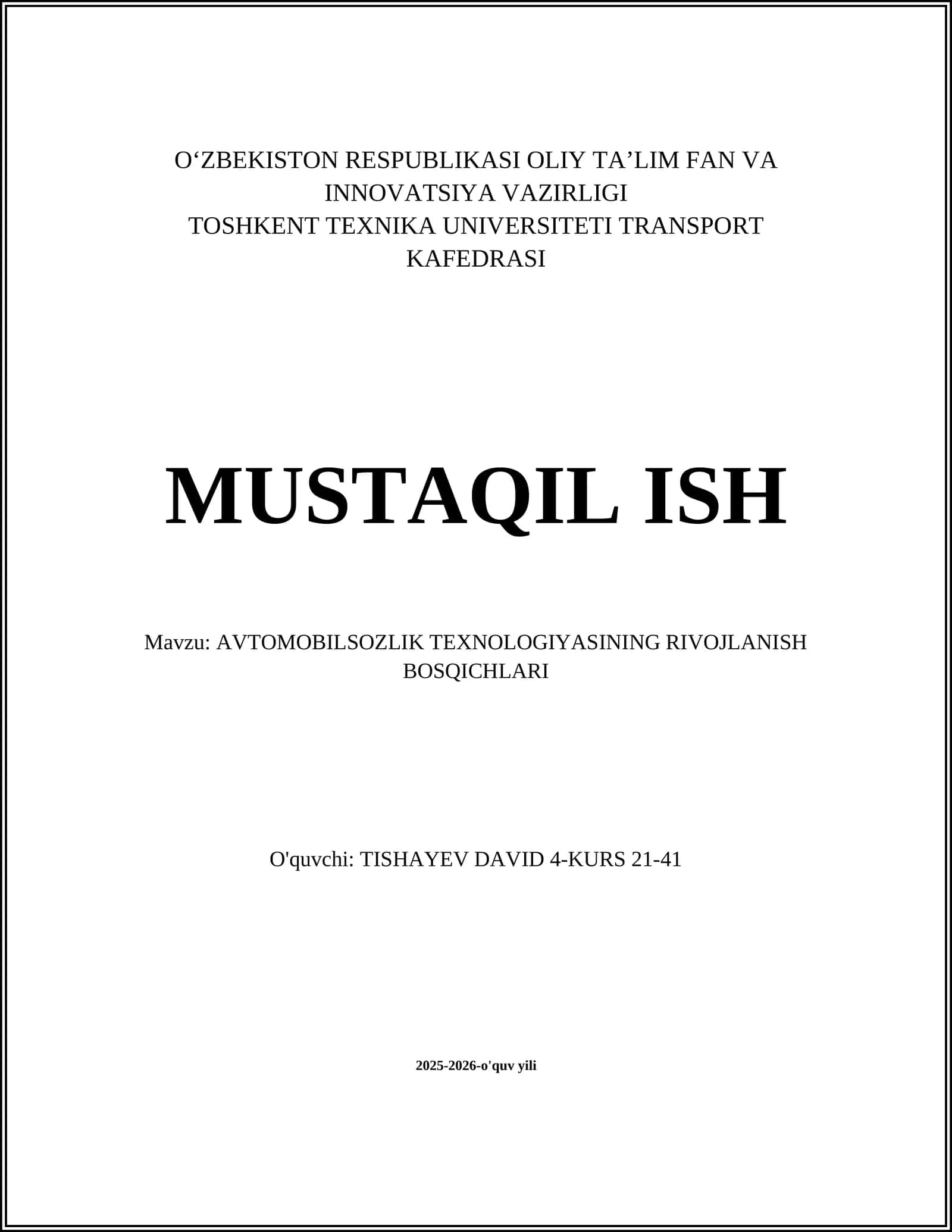 AVTOMOBILSOZLIK TEXNOLOGIYASINING RIVOJLANISH BOSQICHLARI