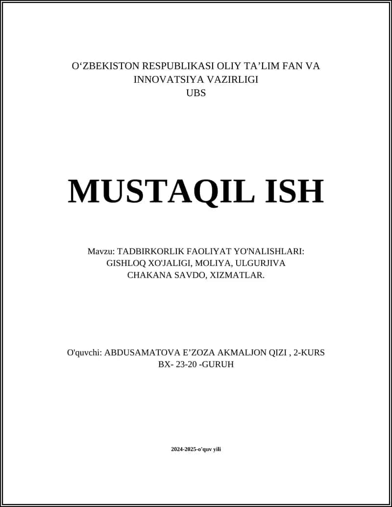 TADBIRKORLIK FAOLIYAT YO'NALISHLARI