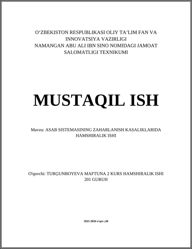 ASAB SISTEMASINING ZAHARLANISH KASALIKLARIDA HAMSHIRALIK ISHI