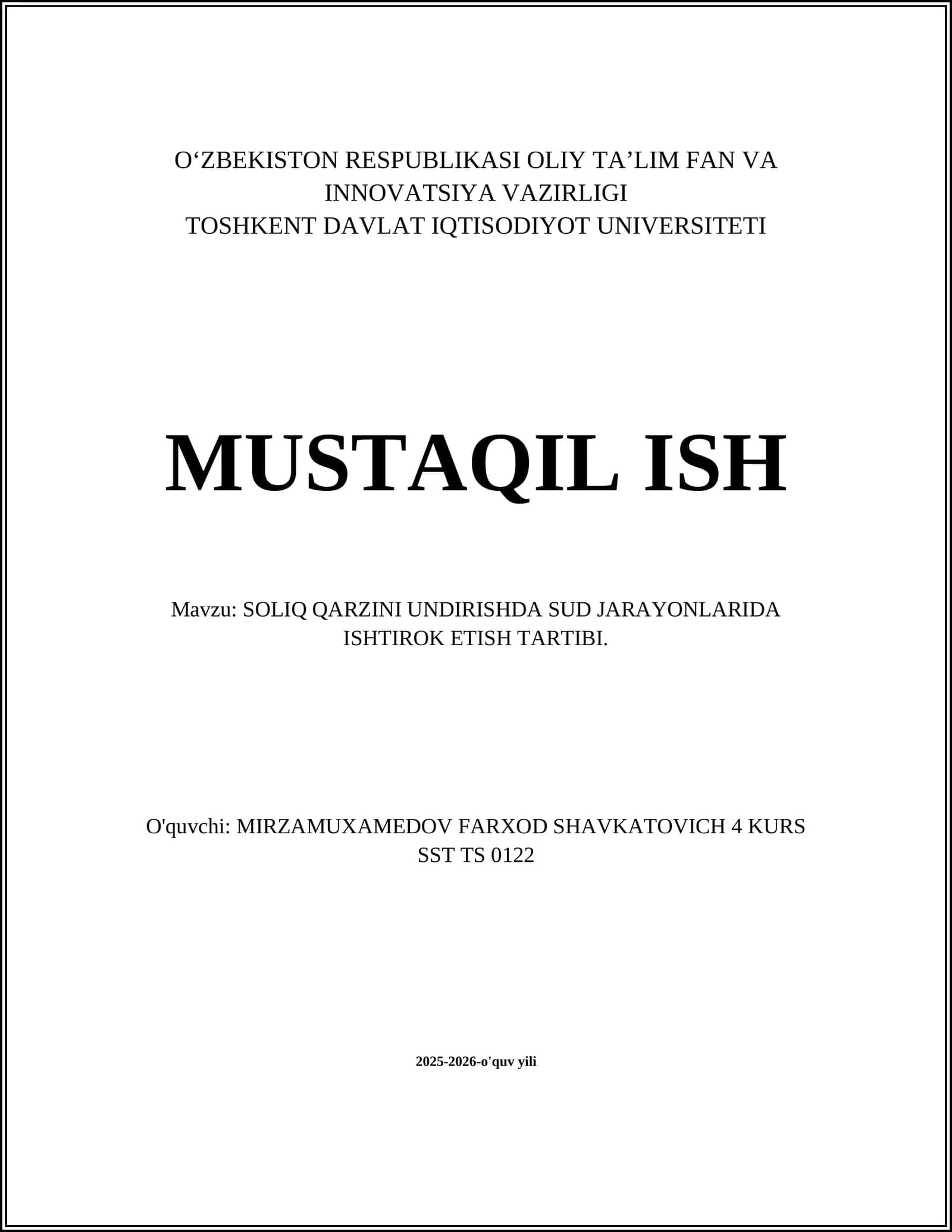 SOLIQ QARZINI UNDIRISHDA SUD JARAYONLARIDA ISHTIROK ETISH TARTIBI