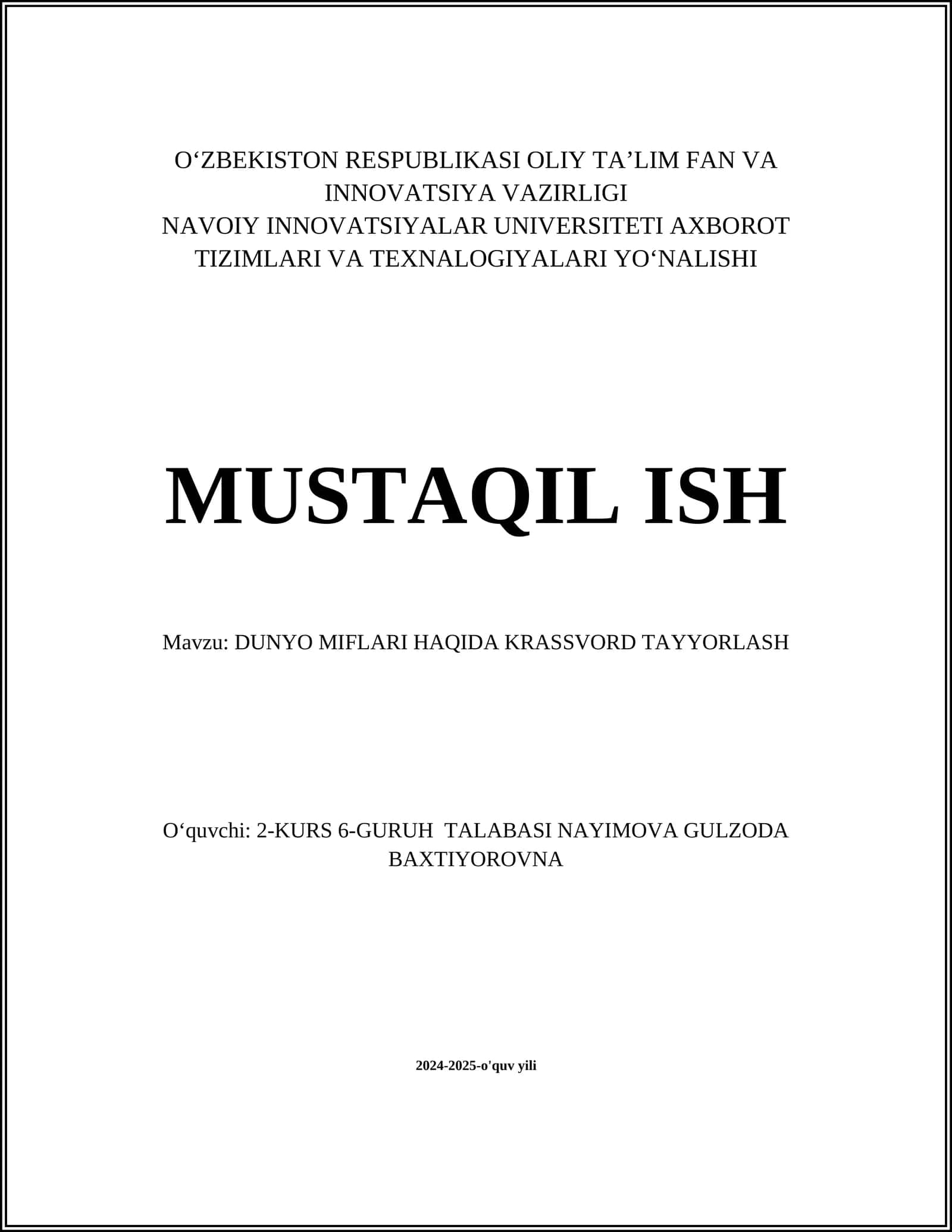 DUNYO MIFLARI HAQIDA KRASSVORD TAYYORLASH
