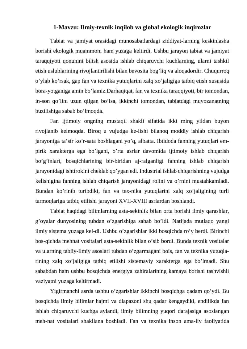 Ilmiy-texnik inqilob va global ekologik inqirozlar