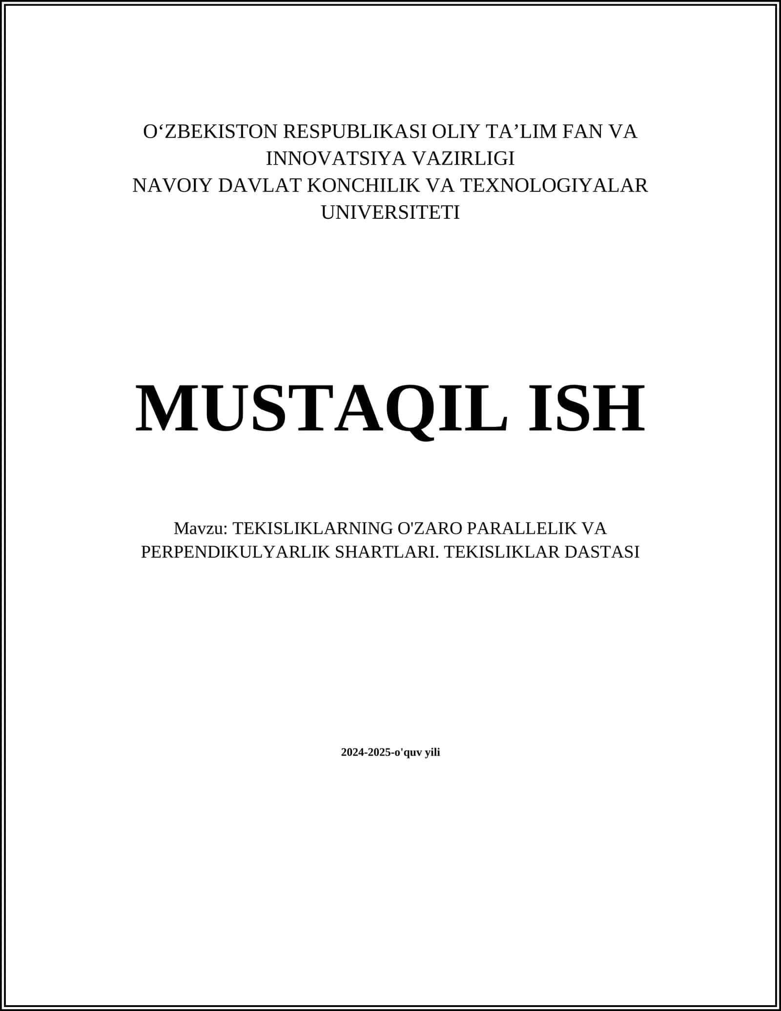 TEKISLIKLARNING O'ZARO PARALLELIK VA PERPENDIKULYARLIK SHARTLARI. TEKISLIKLAR DASTASI