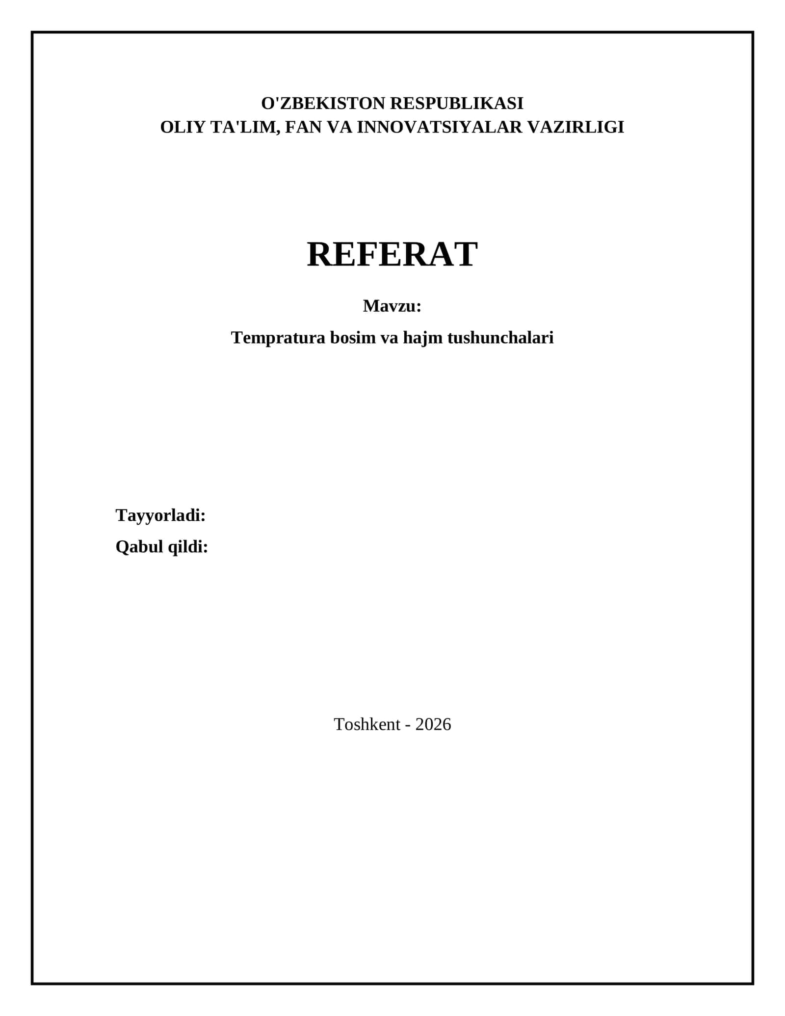 Tempratura bosim va hajm tushunchalari