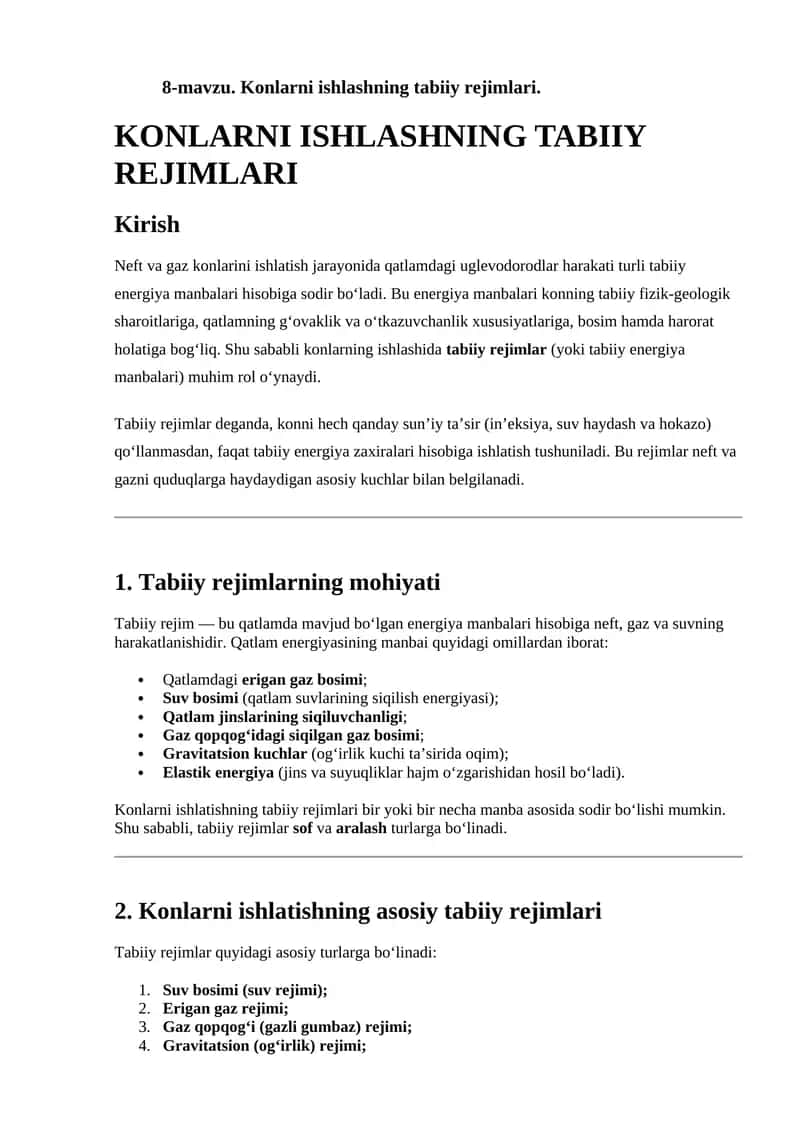 Konlarni ishlashning tabiiy rejimlari