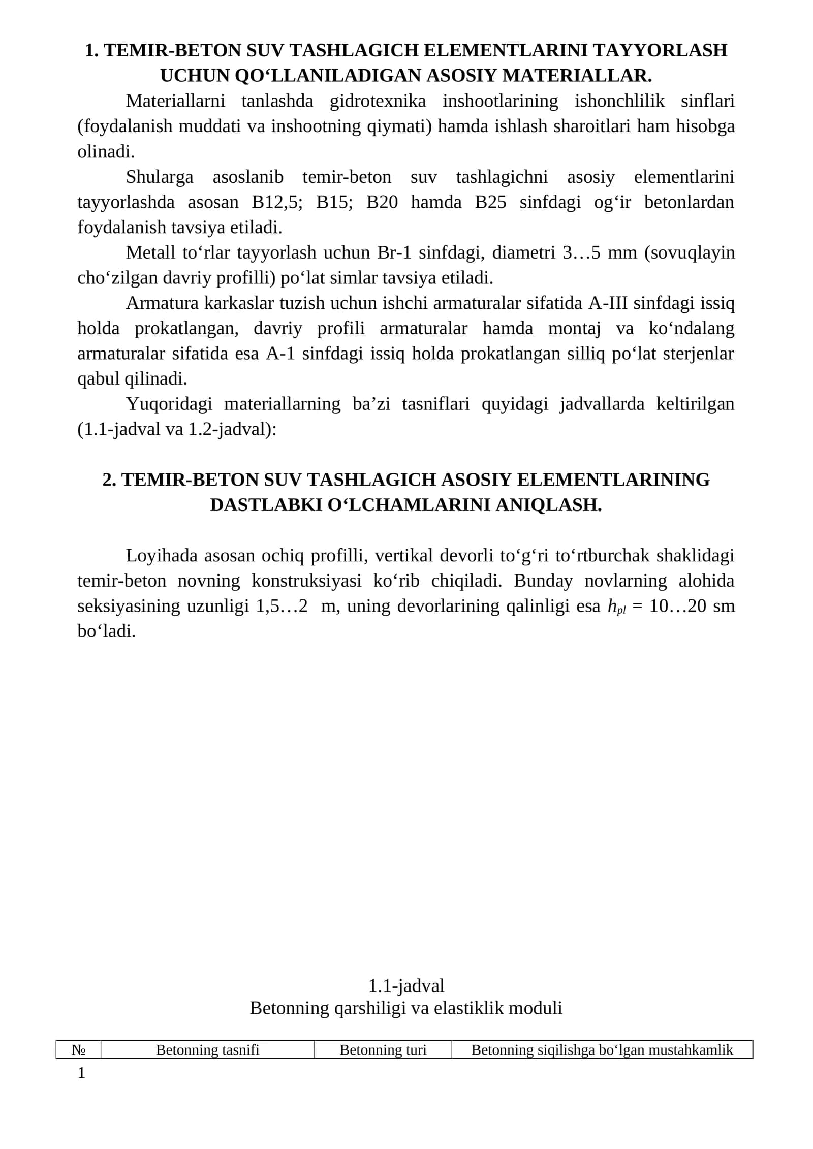 Temir-beton suv tashlagich elementlarini tayyorlash uchun materiallar