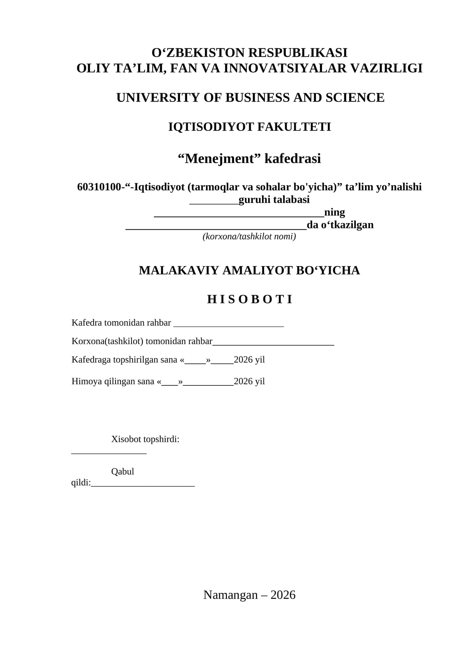 MALAKAVIY AMALIYOT BO‘YICHA HISOBOTI