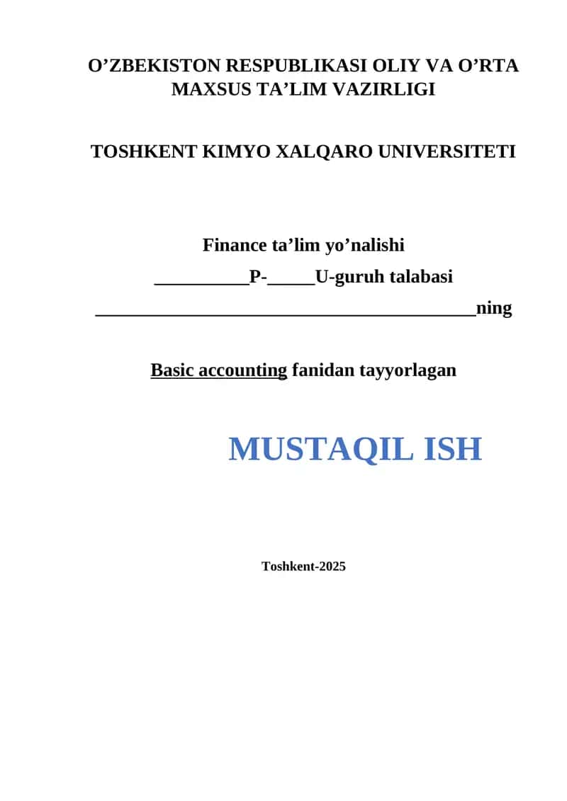 Basic accounting fanidan tayyorlagan MUSTAQIL ISH