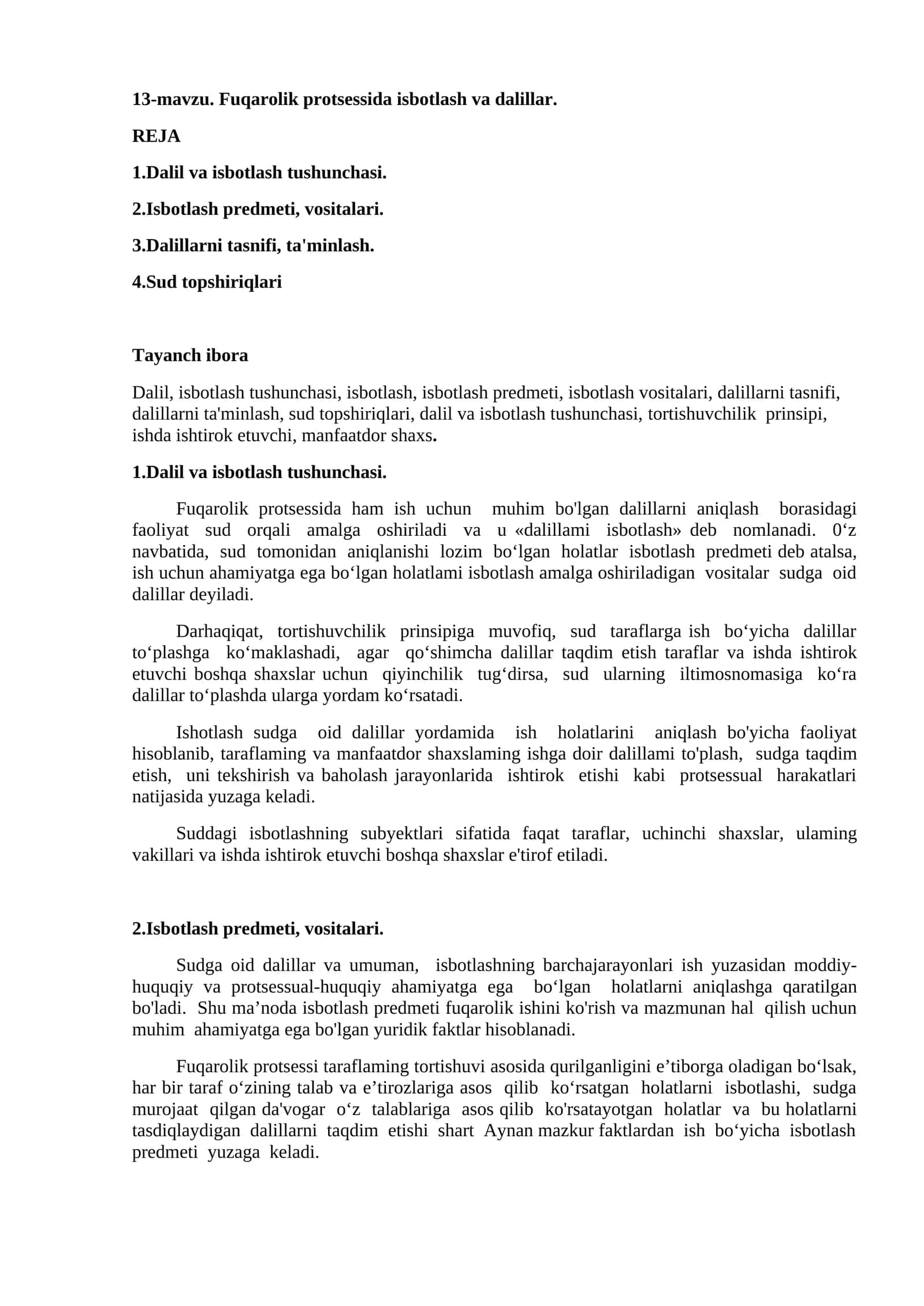 13-mavzu. Fuqarolik protsessida isbotlash va dalillar