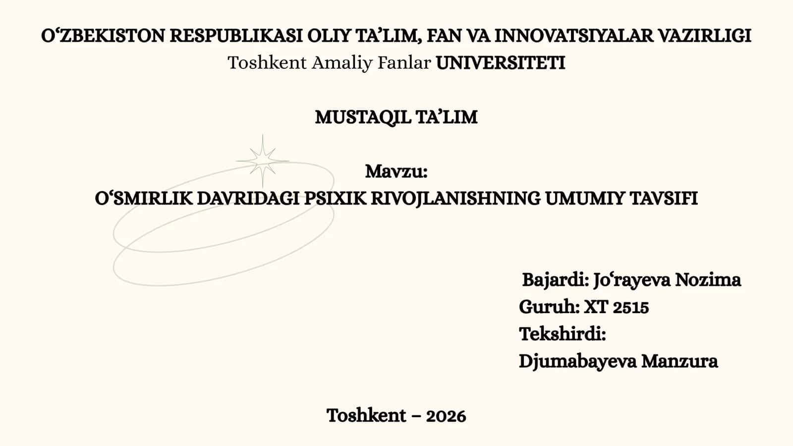 O‘SMIRLIK DAVRIDAGI PSIXIK RIVOJLANISHNING UMUMIY TAVSIFI