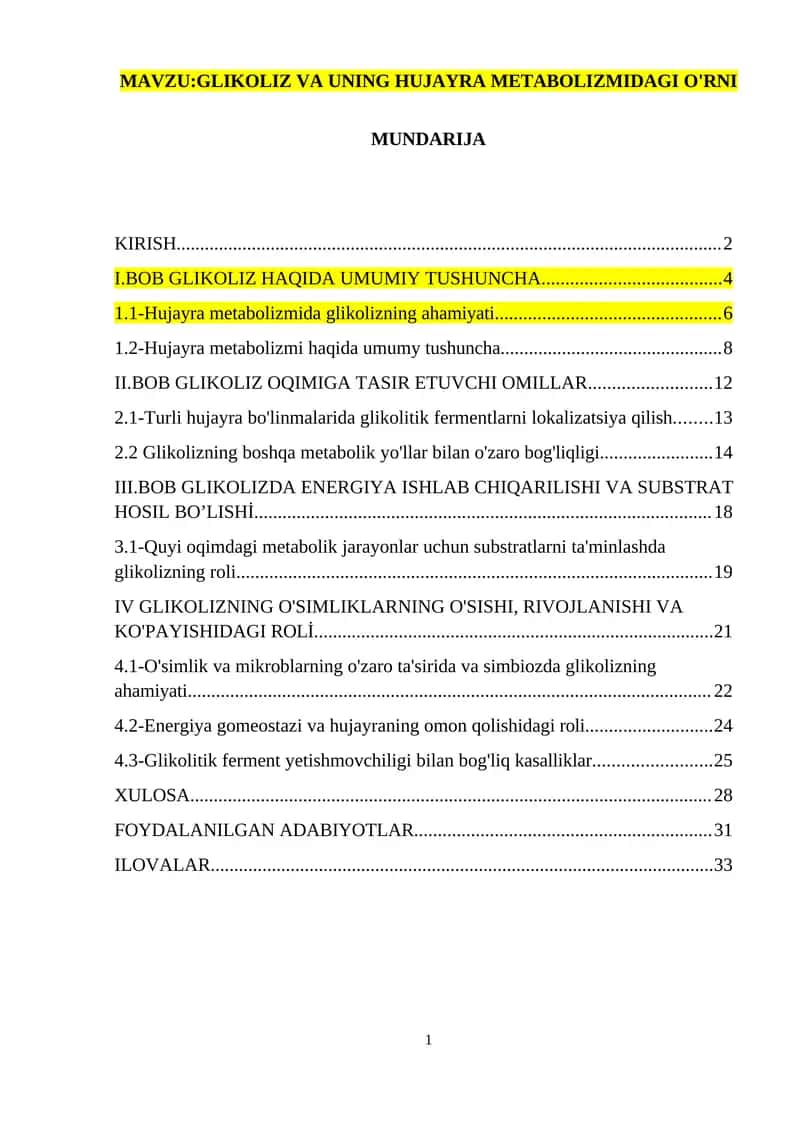 GLIKOLIZ VA UNING HUJAYRA METABOLIZMIDAGI O'RNI