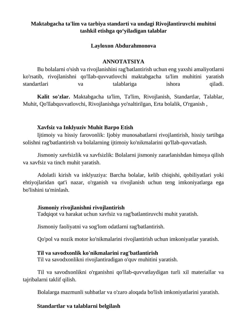 Maktabgacha ta'lim va tarbiya standarti va undagi Rivojlantiruvchi muhitni tashkil etishga qoʻyiladigan talablar