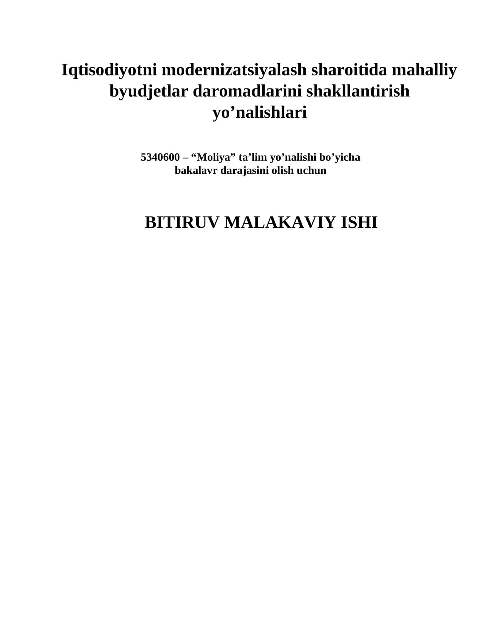 Moliya ta'limi bo'yicha bakalavr darajasini olish uchun Bitiruv Malakaviy Ish