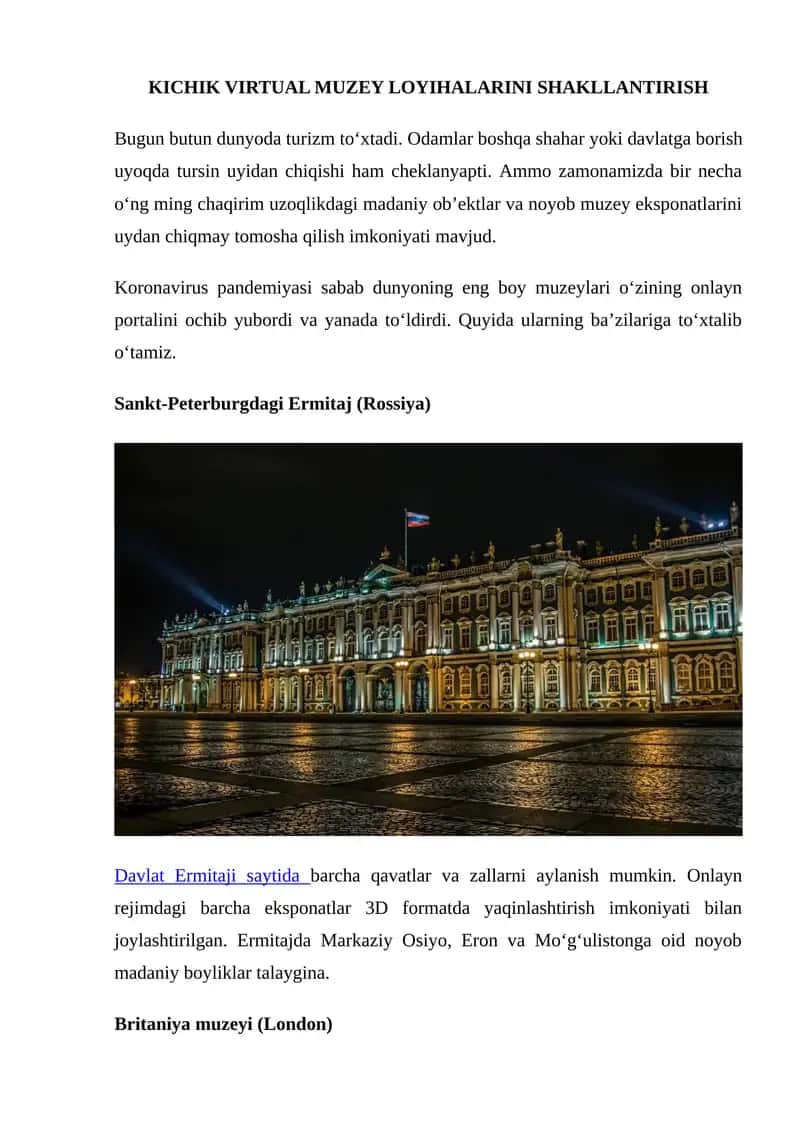 KICHIK VIRTUAL MUZEY LOYIHALARINI SHAKLLANTIRISH