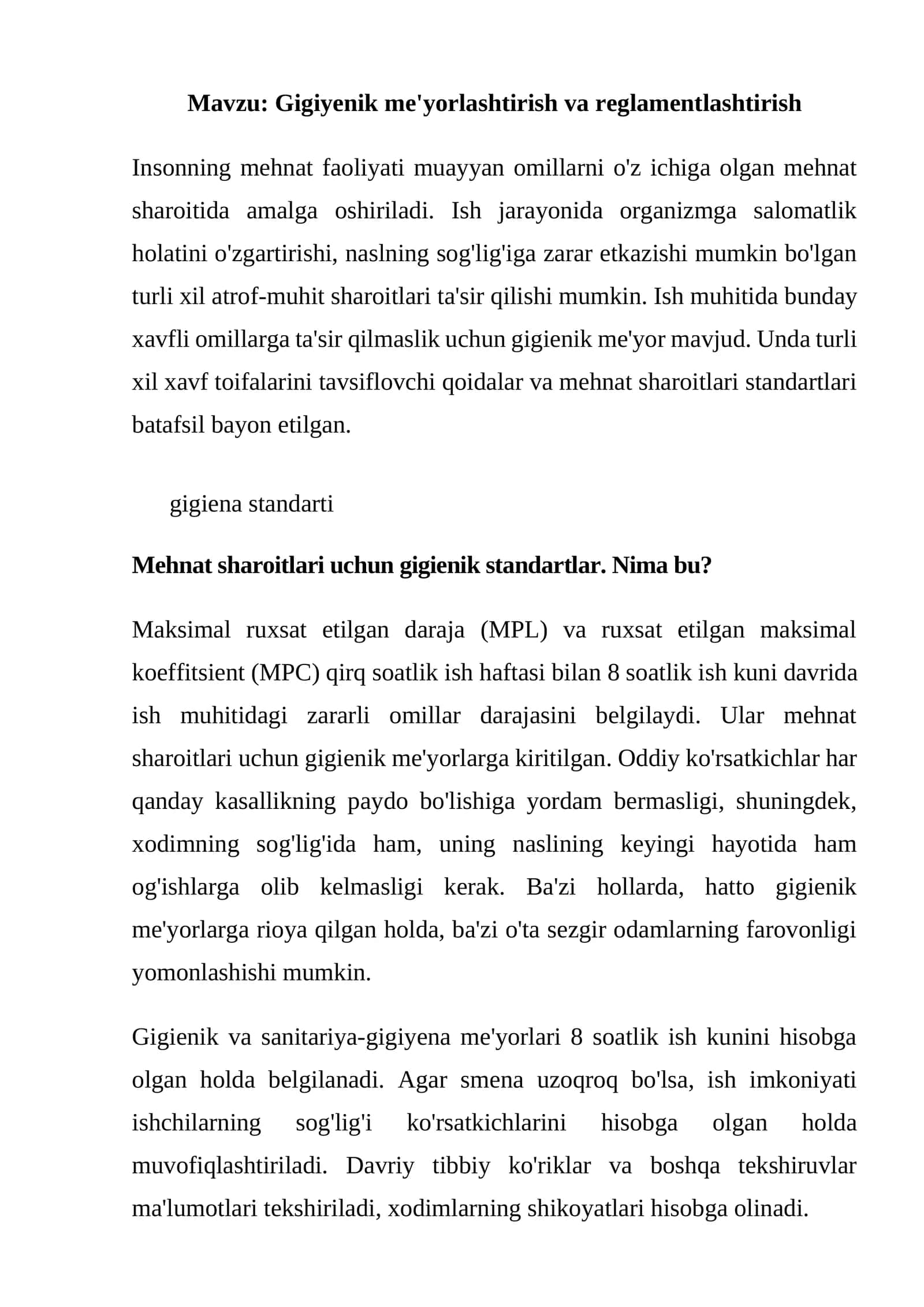 Gigiyenik me'yorlashtirish va reglamentlashtirish