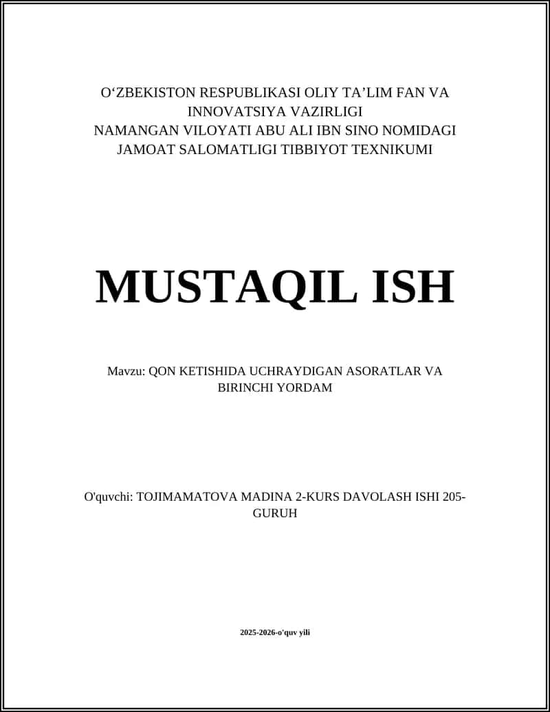 QON KETISHIDA UCHRAYDIGAN ASORATLAR VA BIRINCHI YORDAM