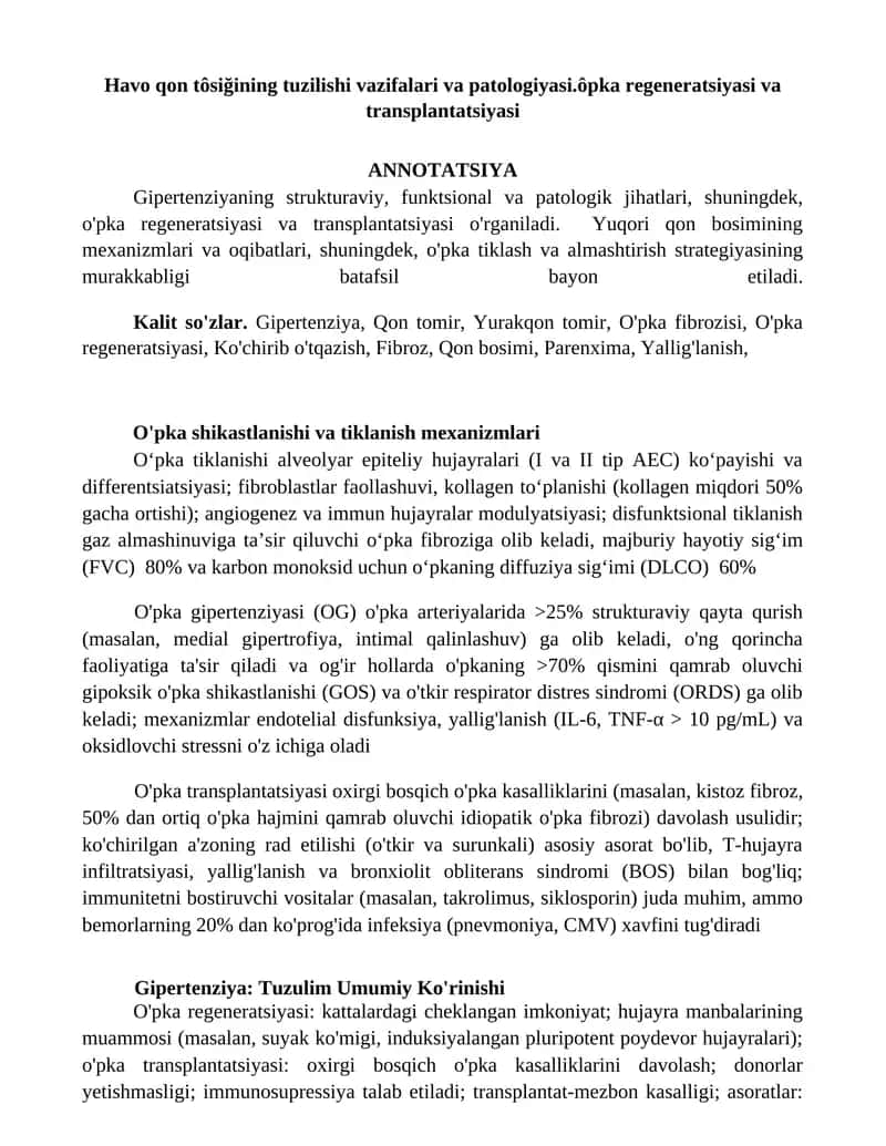 O'pka regeneratsiyasi va transplantatsiyasi