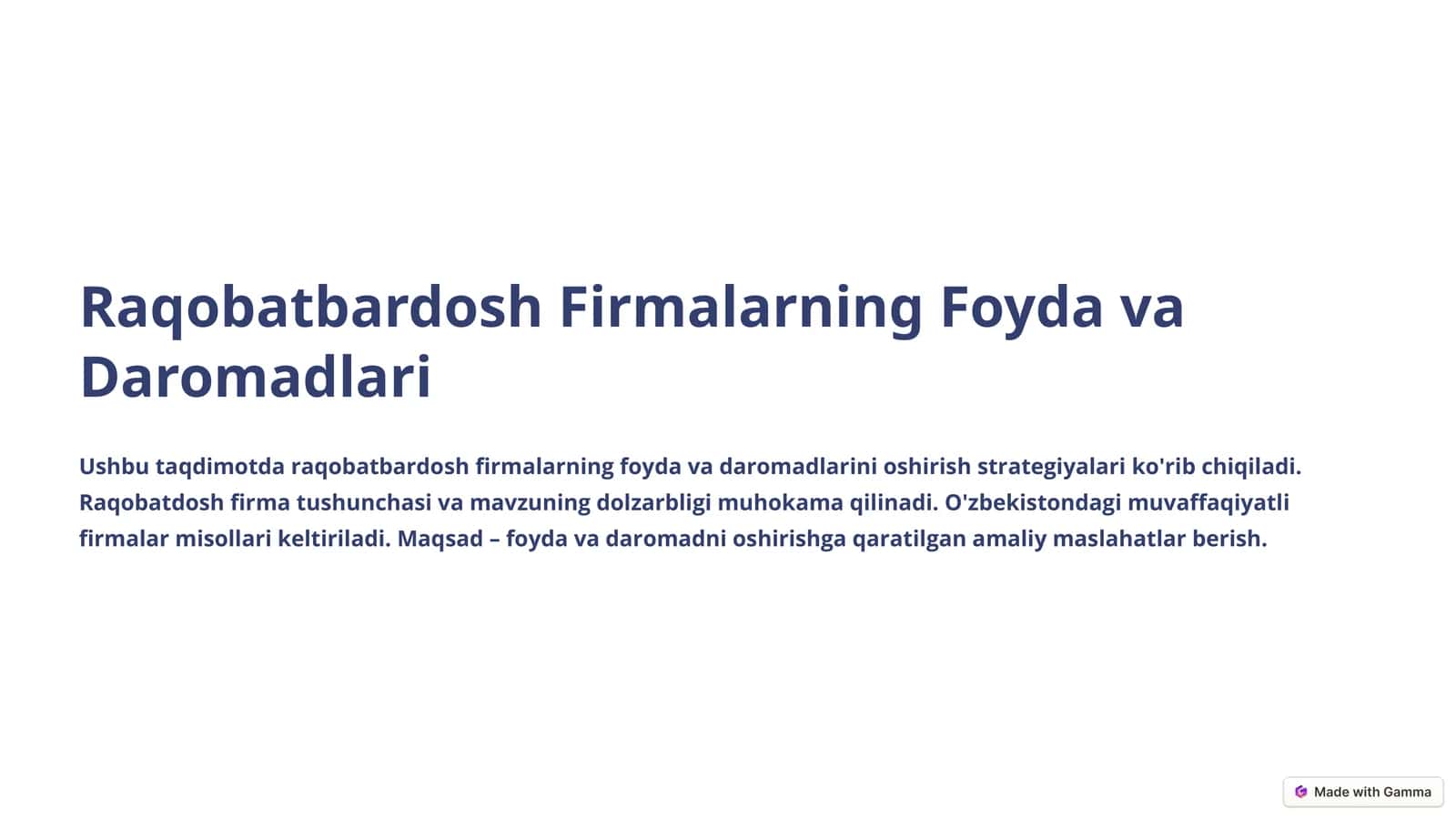Raqobatbardosh Firmalarning Foyda va Daromadlari