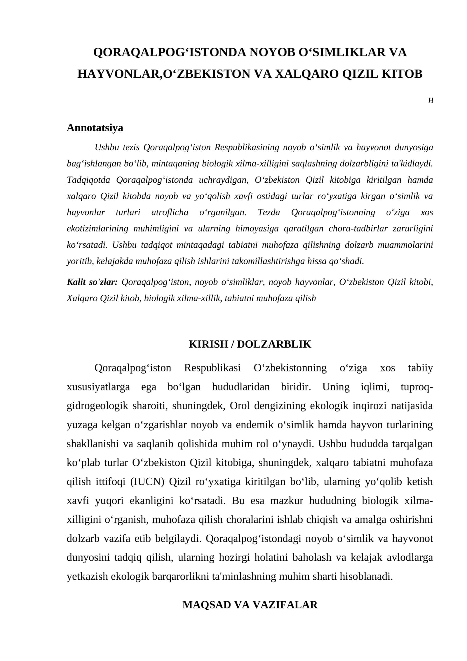 QORAQALPOG‘ISTONDA NOYOB O‘SIMLIKLAR VA HAYVONLAR,O‘ZBEKISTON VA XALQARO QIZIL KITOB